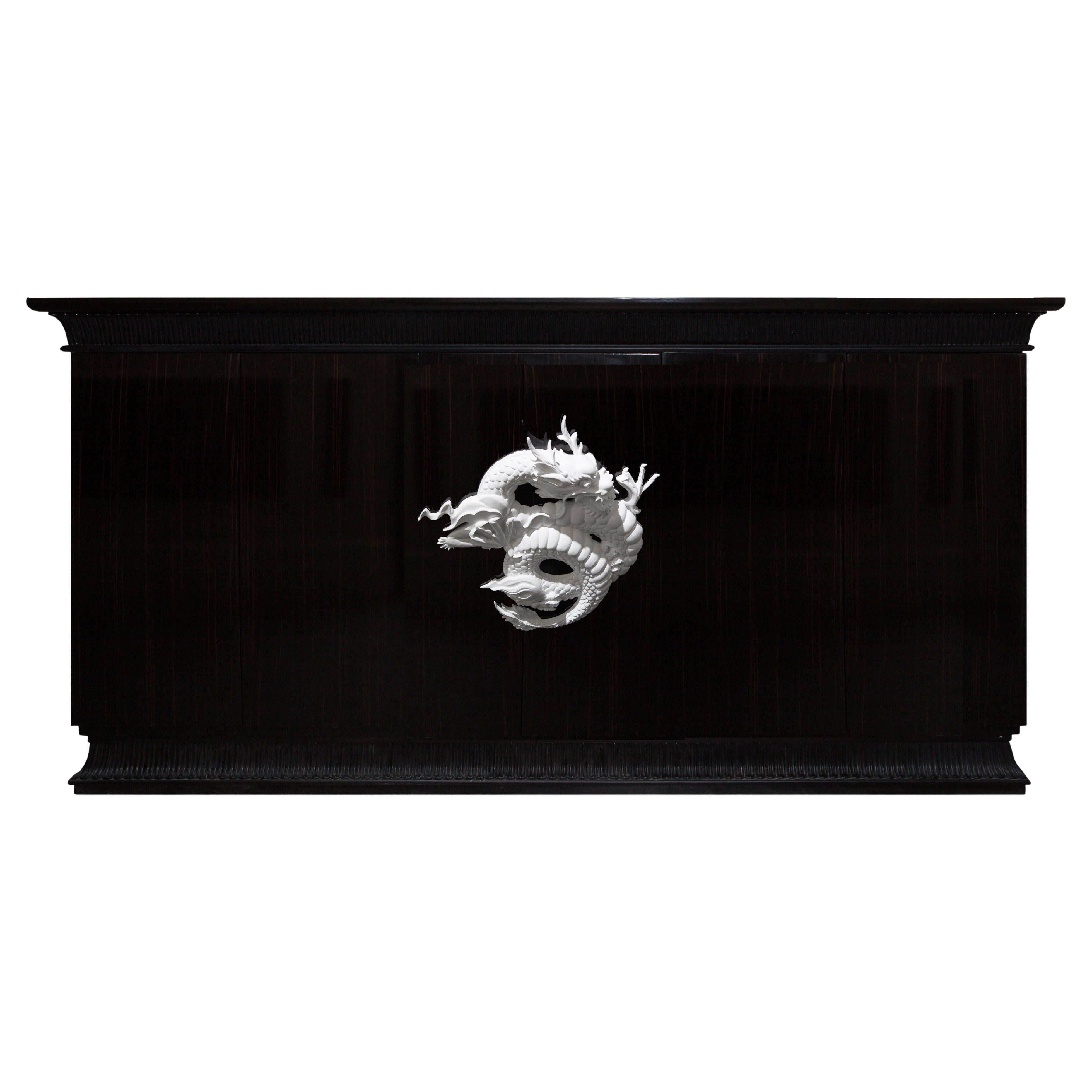 Dresser Chinoiserie Style Ebony Gloss Wood, White Dragon Sculpture, in Stock