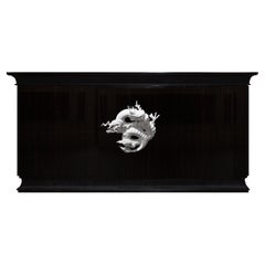 Dresser Chinoiserie Style Ebony Gloss Wood, White Dragon Sculpture, in Stock
