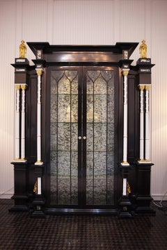 Cupboard in Chinoiserie style Ebony Wood, Pearl Mosaic, Gold Plated Elements