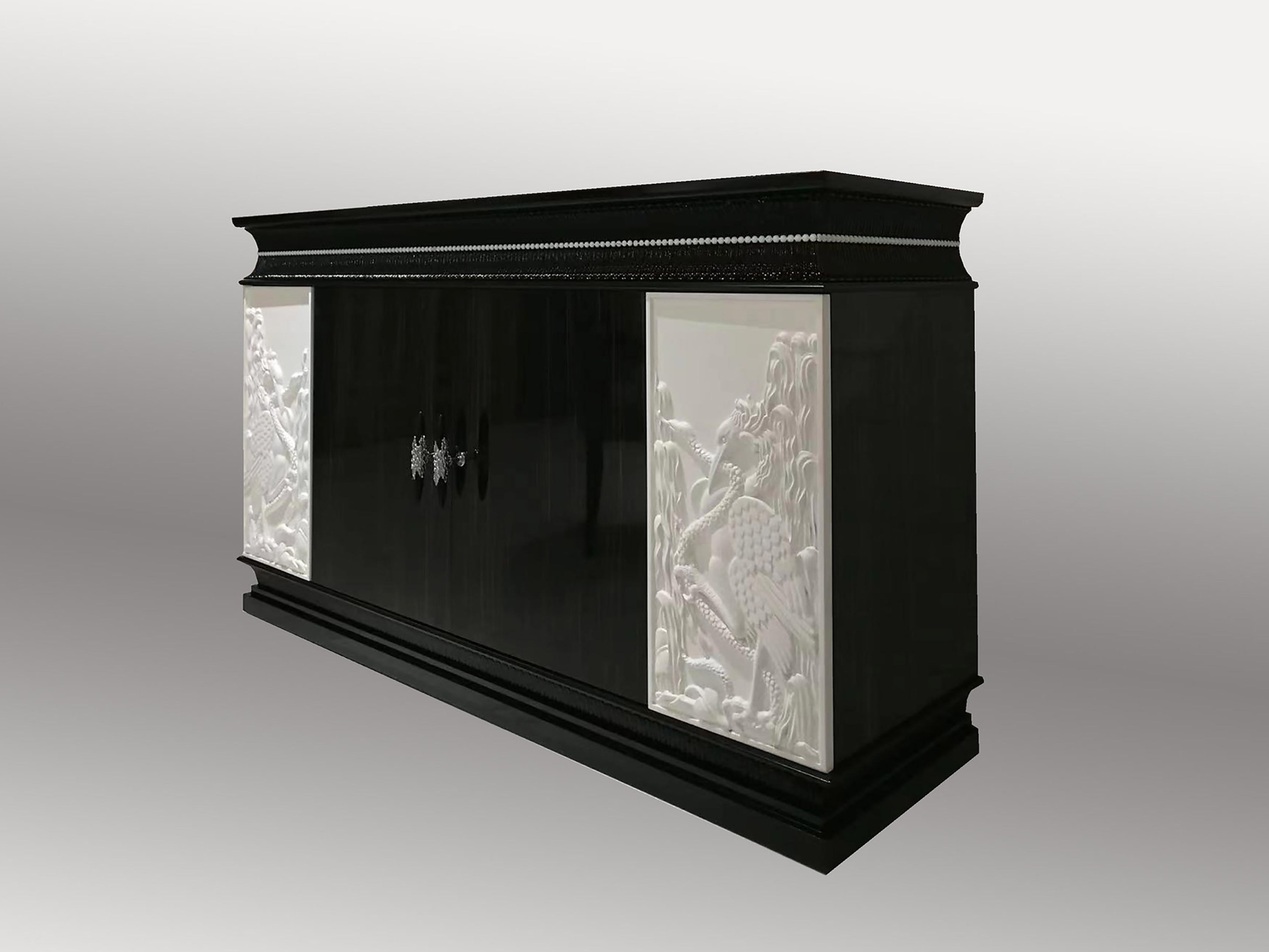 Dresser in Ebony Wood with White Fragments in Carving 