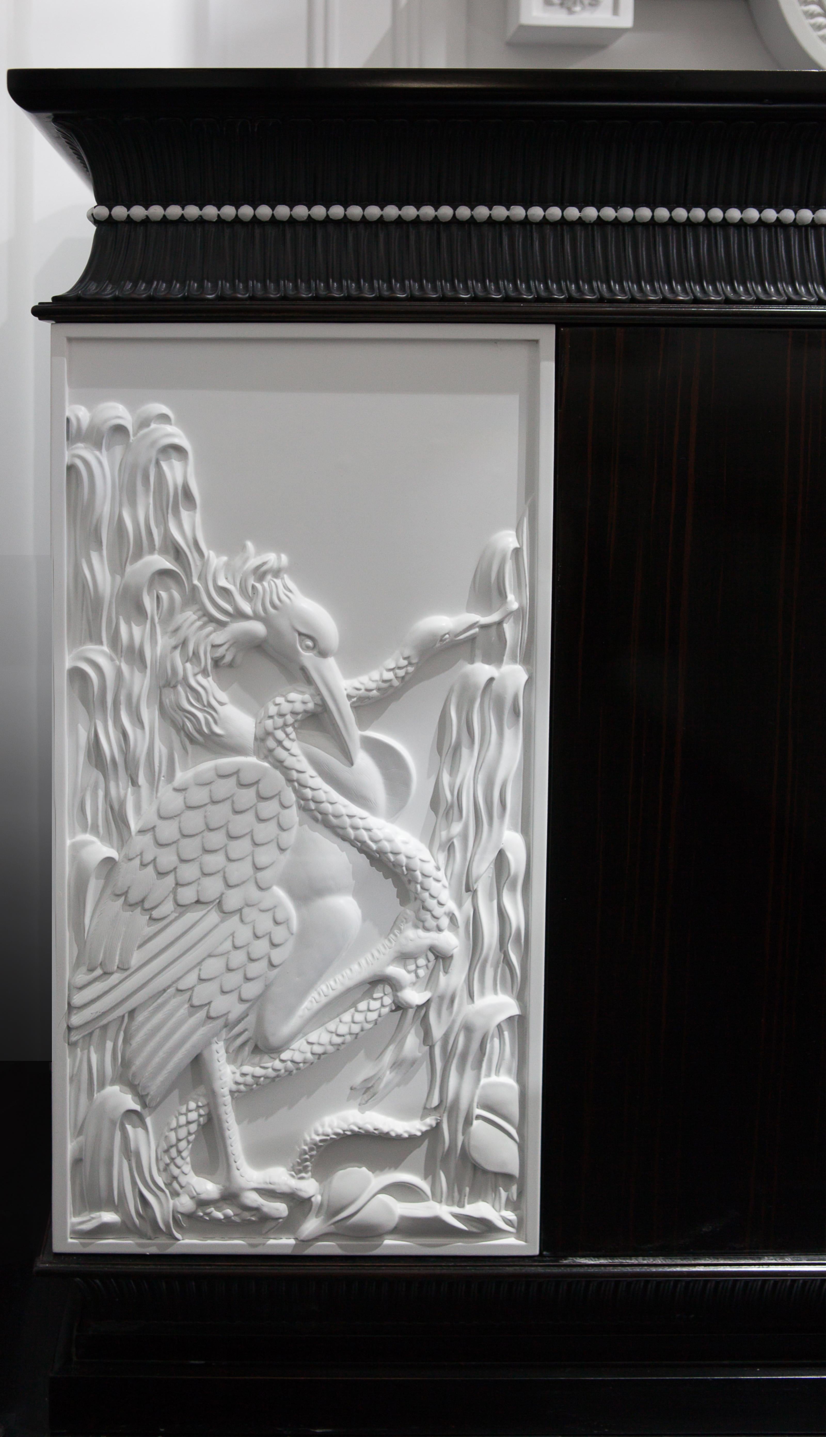 Arts and Crafts Dresser in Ebony Wood with White Fragments in Carving 