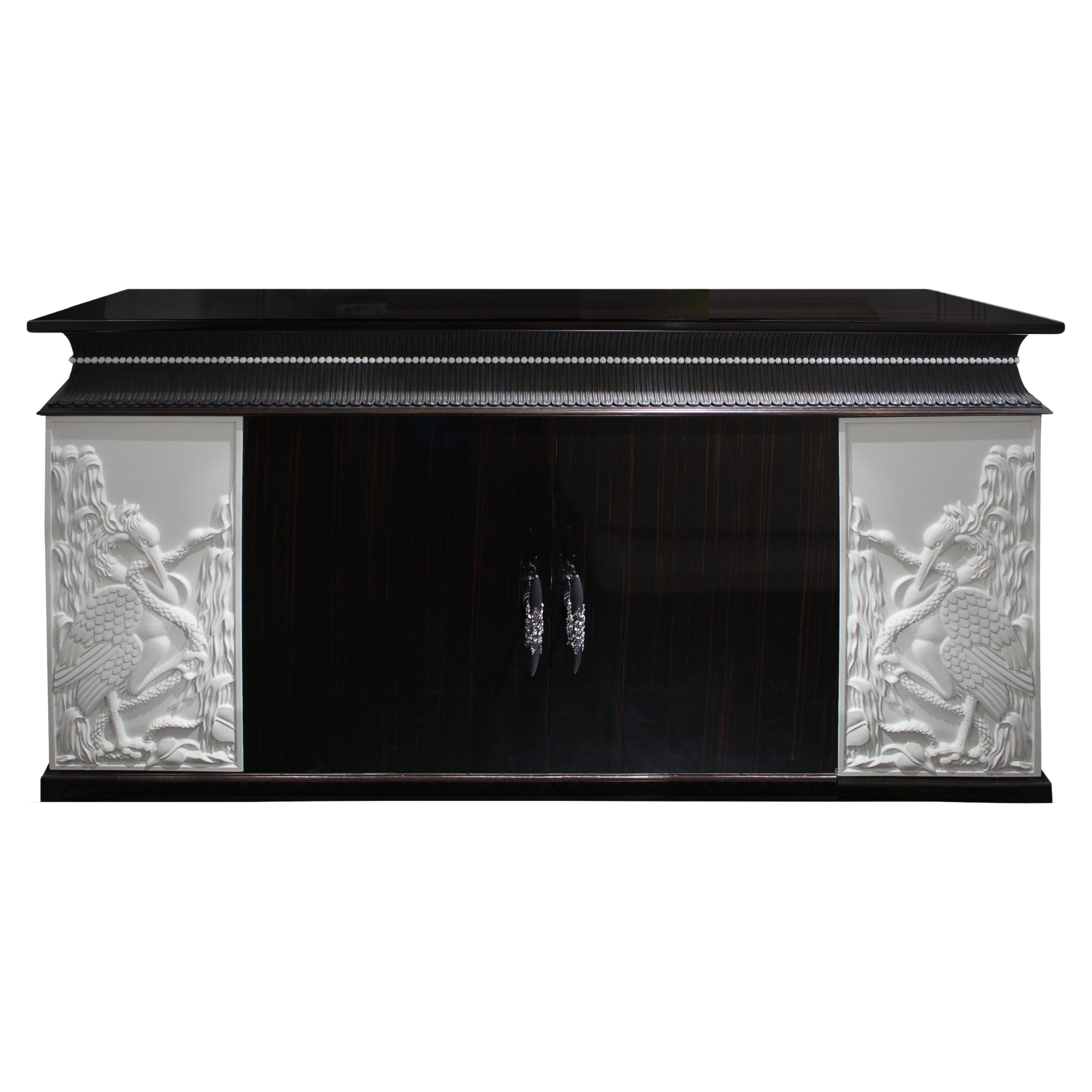 Dresser in Ebony Wood with White Fragments in Carving "Herons" in Stock