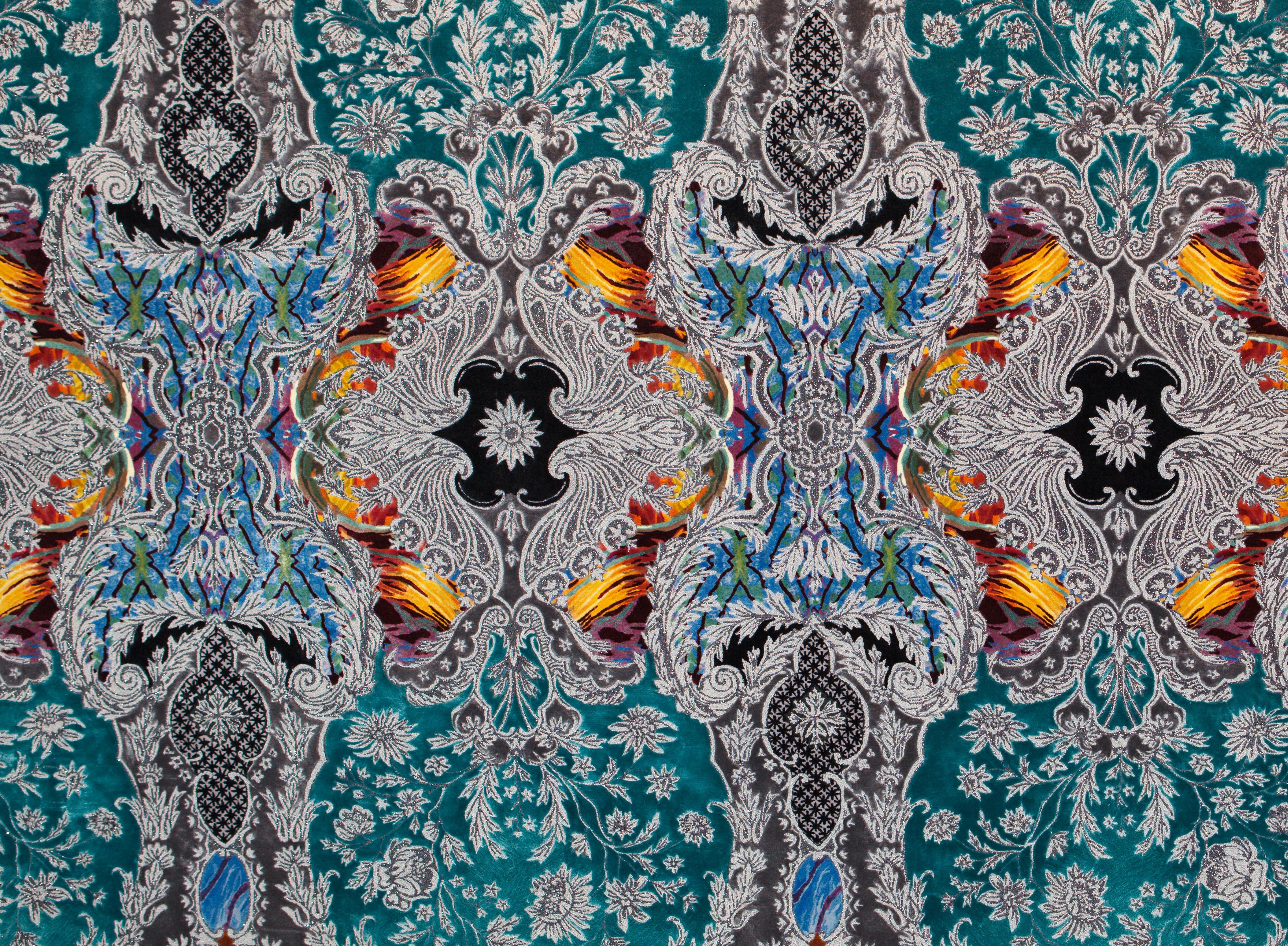 International Style Western European Silk Tufted Rug, Luxury Collection, Jewelry Design, Blue Green For Sale