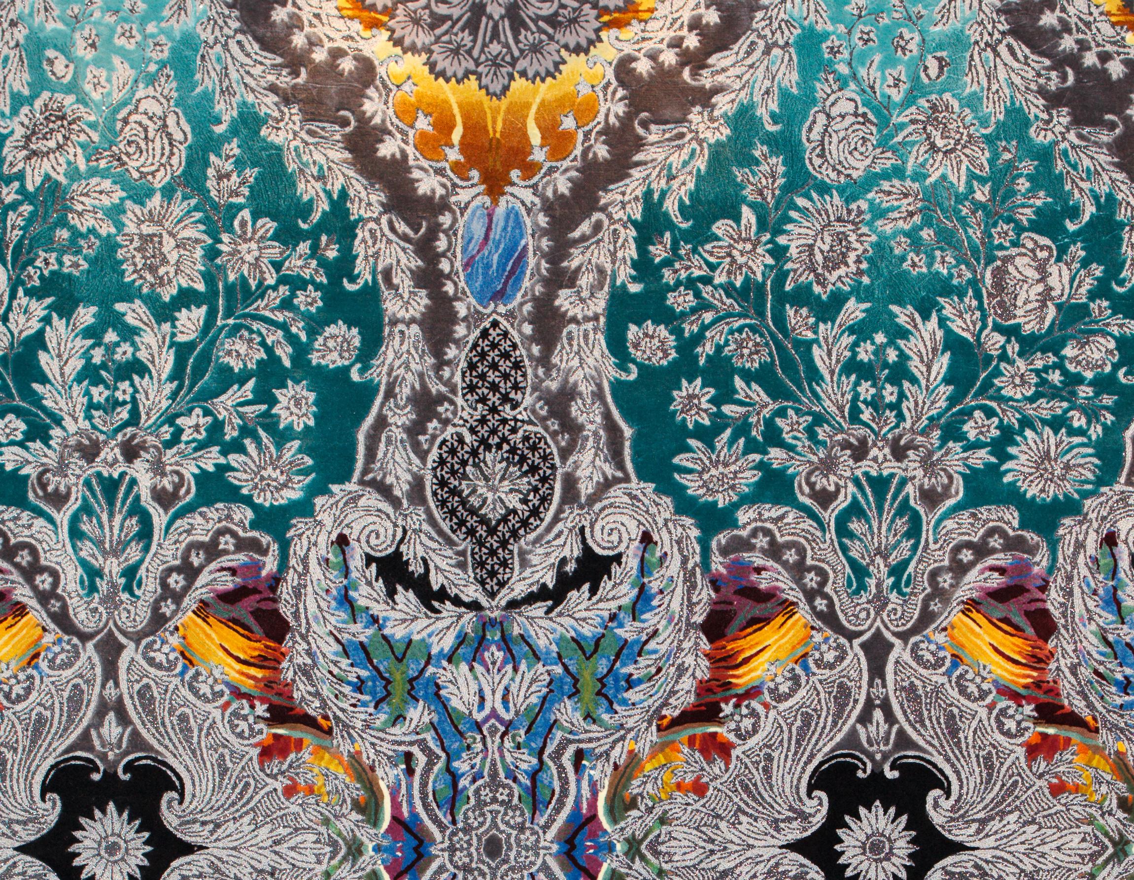 Chinese Western European Silk Tufted Rug, Luxury Collection, Jewelry Design, Blue Green For Sale