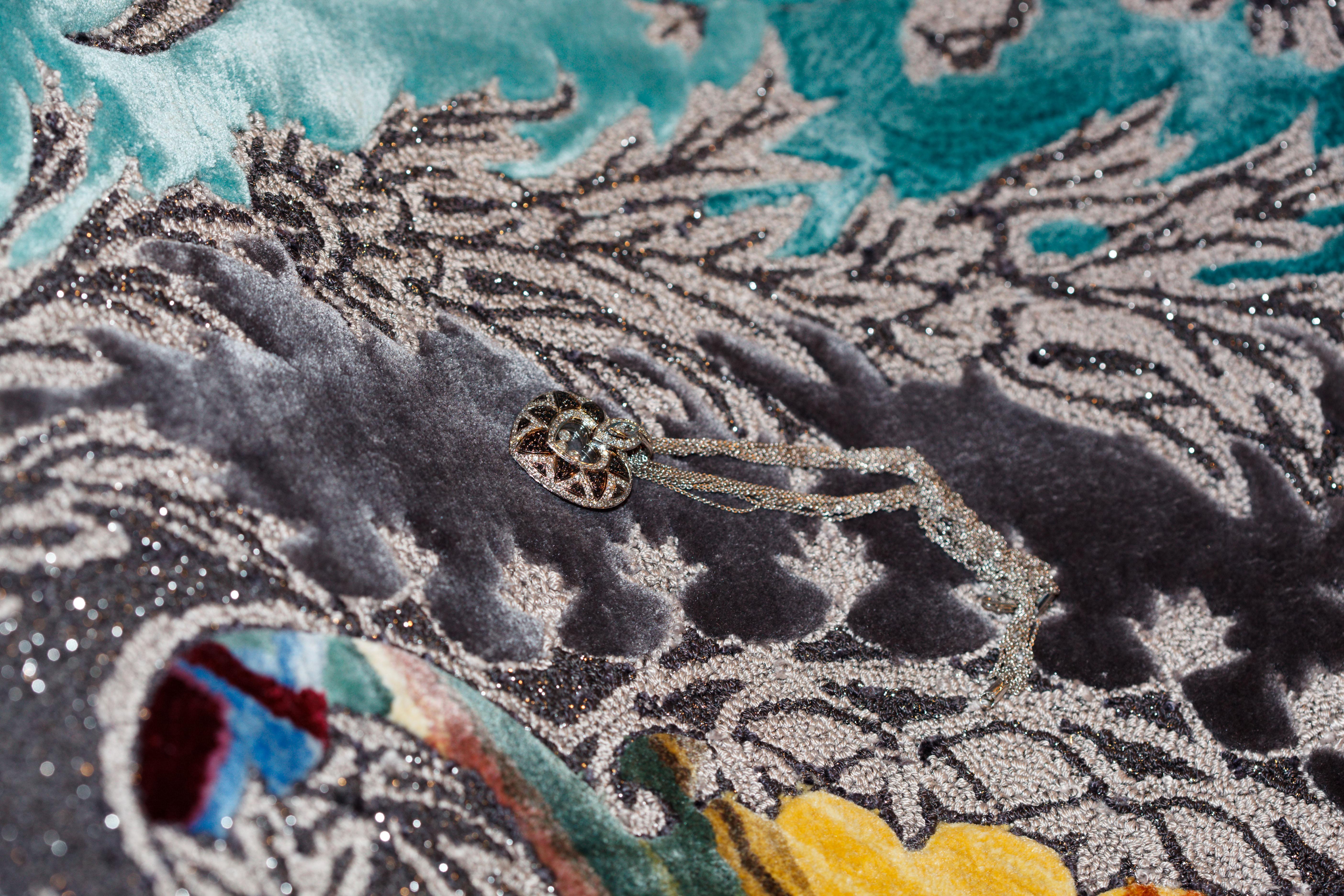 Contemporary Western European Silk Tufted Rug, Luxury Collection, Jewelry Design, Blue Green For Sale