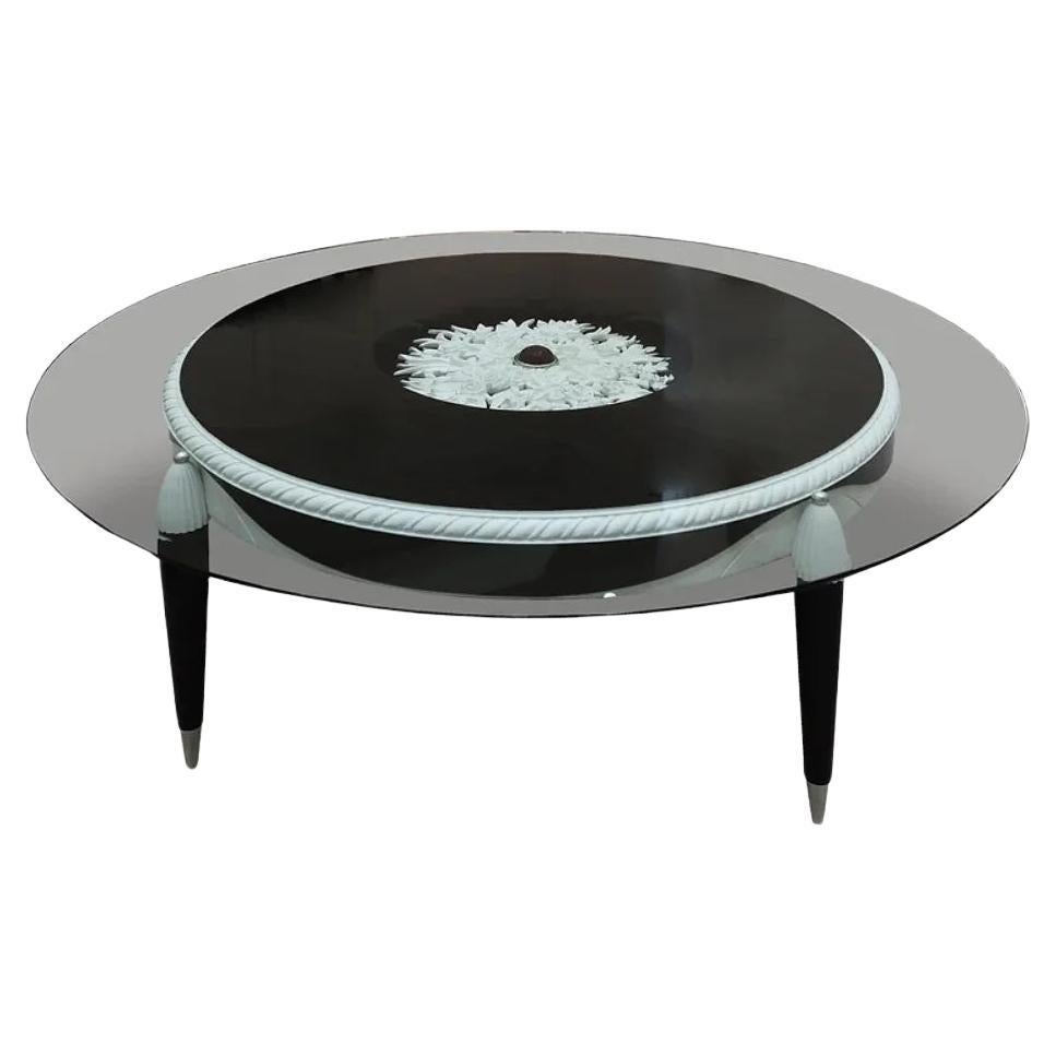Coffee Table  Ebony Wood with White Carving, Neoclassical