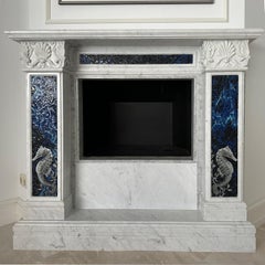 White Marble Fireplace with Glass Mural Mosaic with Sea Horses