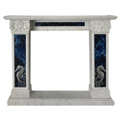 White Marble Fireplace with Glass Mural Mosaic with Sea Horses