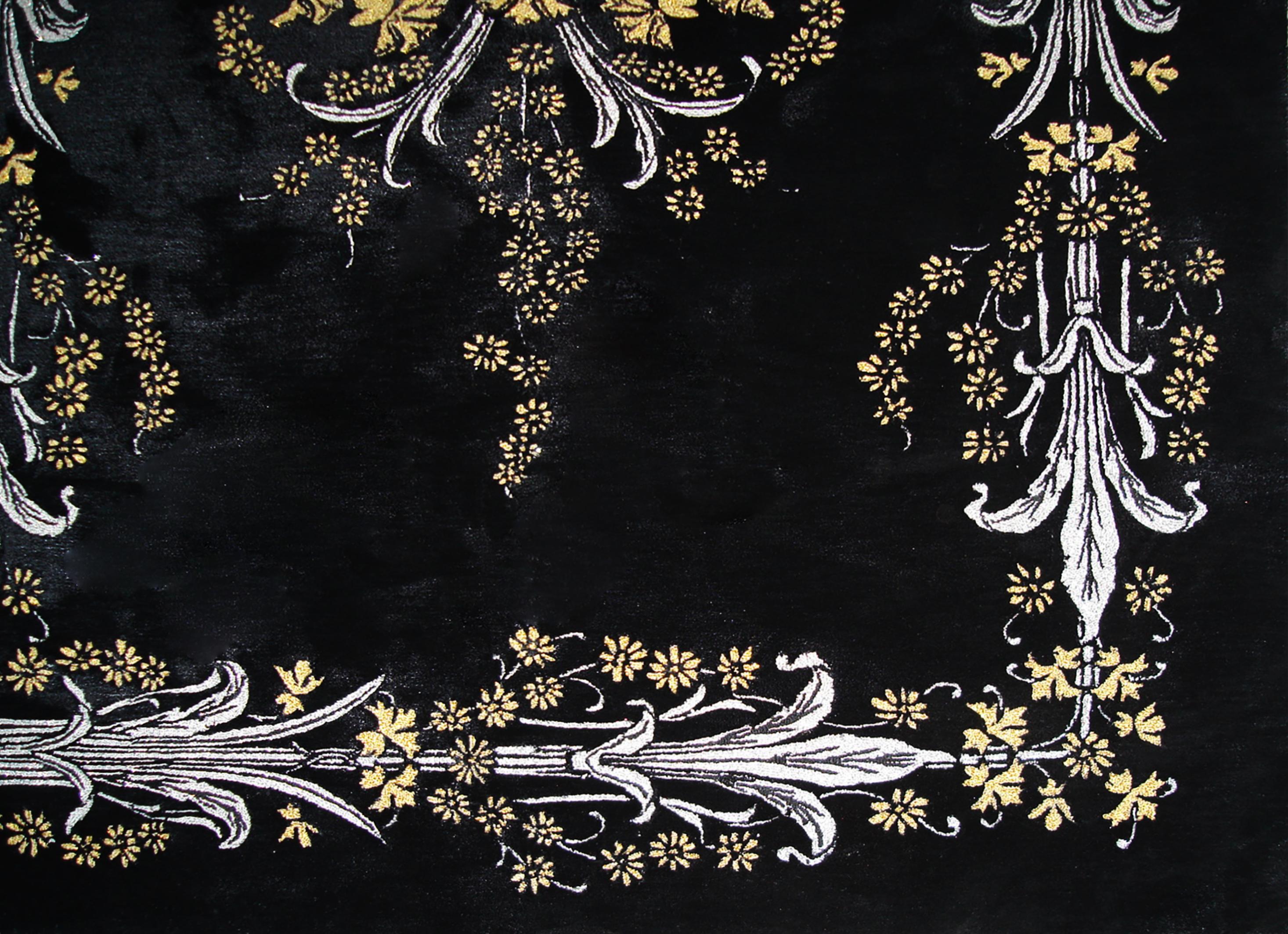 Western European Silk Tufted Area Rug, Black and Ornamental, Custom Order

This exclusive couture level design, contemporary Area Rug  is Hand made tufting with our new Luxury quality standard: 100% New Zealand Semi-Worsted fine wool, surface