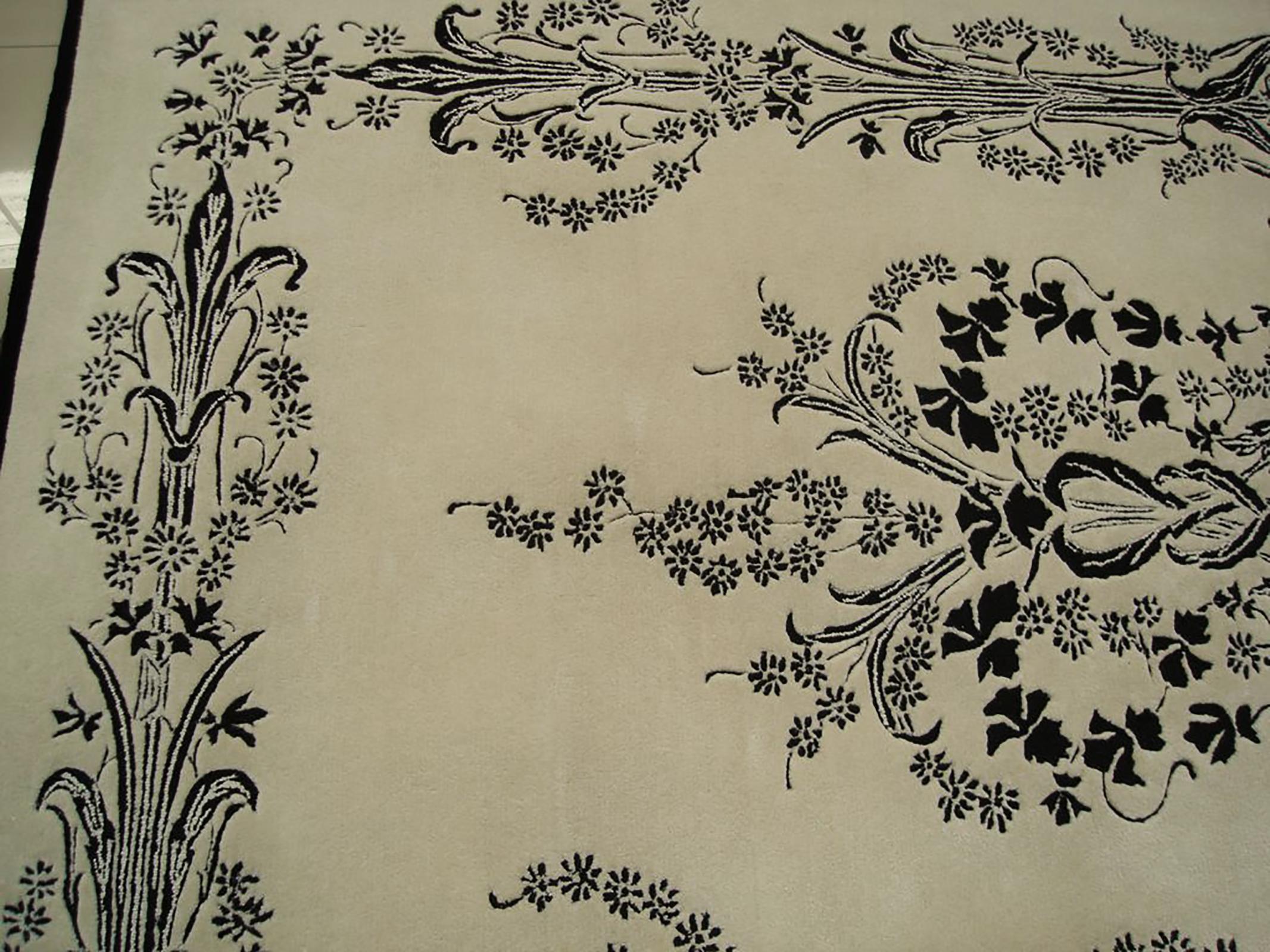 Western European Silk Tufted Area Rug, White and Black Design, Custom Order For Sale 2
