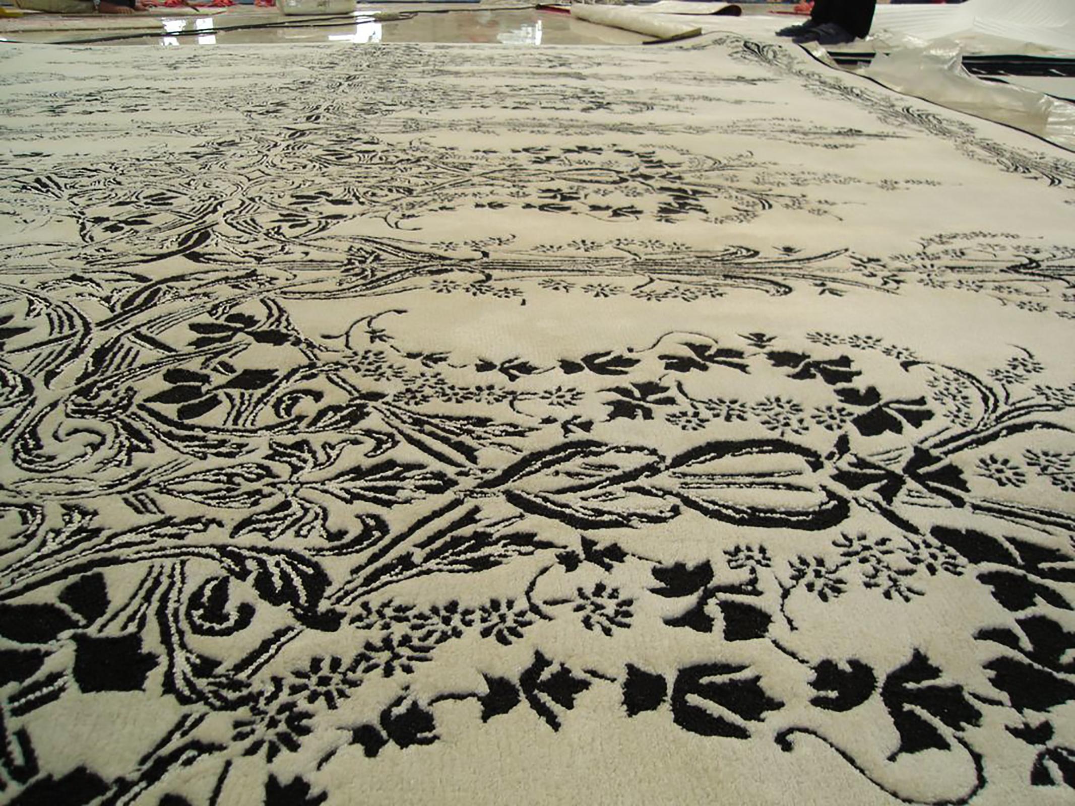 Western European Silk Tufted Area Rug, White and Black Design, Custom Order For Sale 4