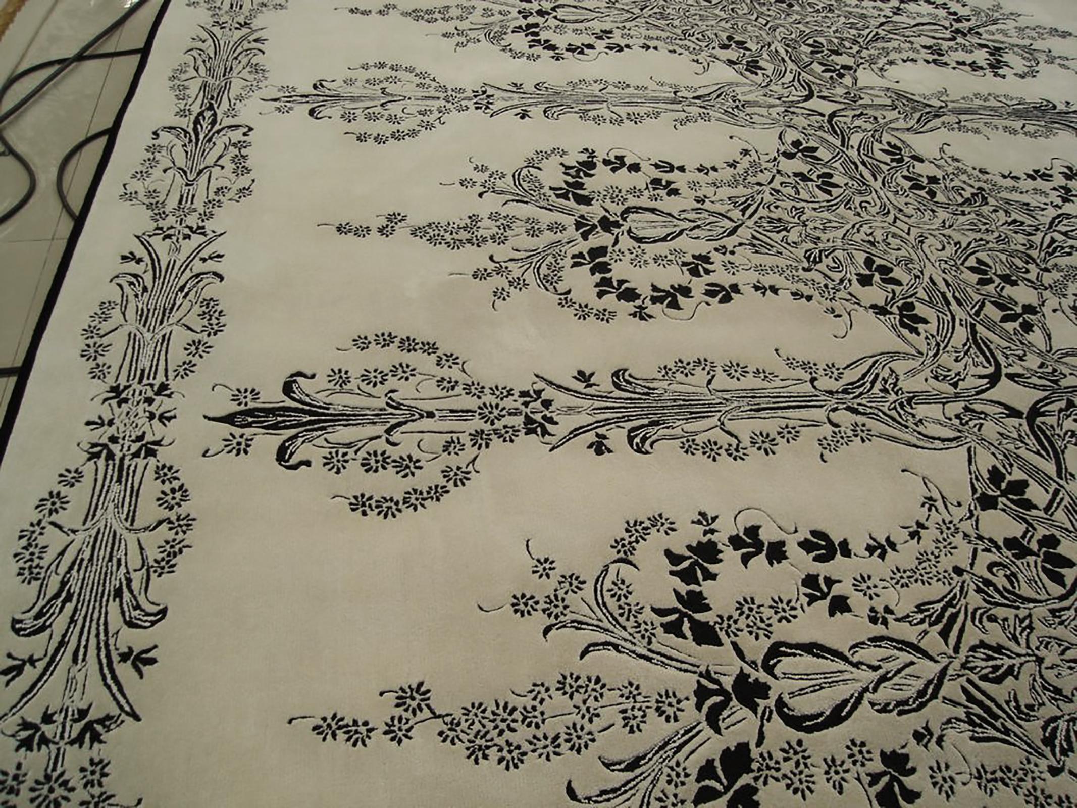 Western European Silk Tufted Area Rug, White and Black Design, Custom Order For Sale 5