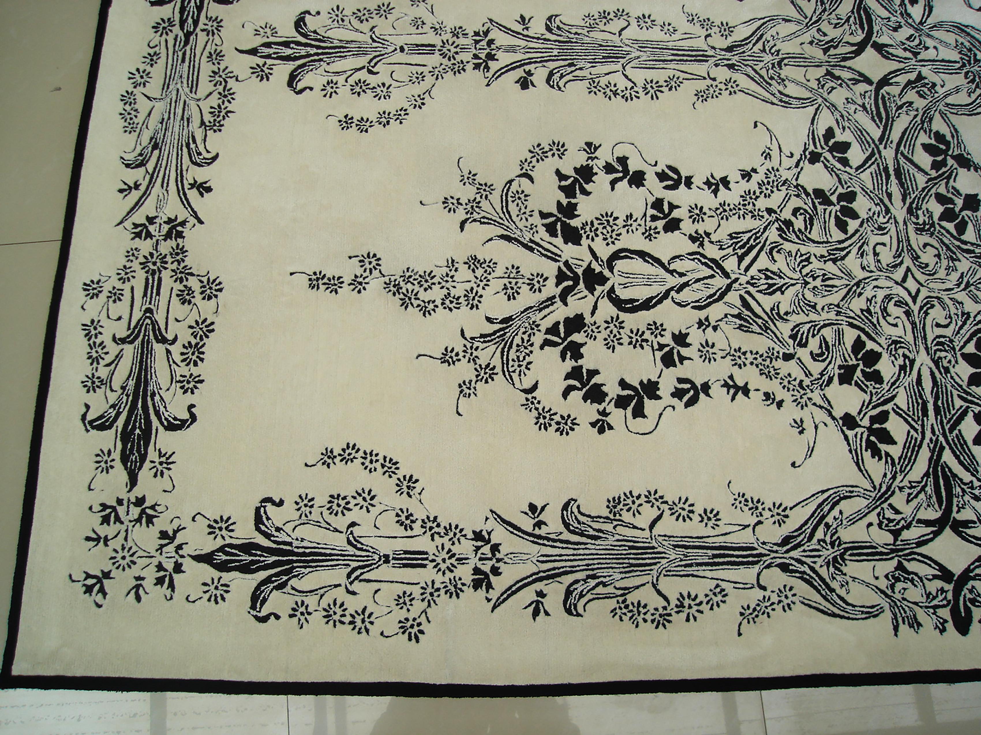 Western European Silk Tufted Area Rug, White and Black Design, Custom Order

This exclusive couture level design, contemporary Area Rug  is Hand made tufting with our new Luxury quality standard: 100% New Zealand Semi-Worsted fine wool, surface