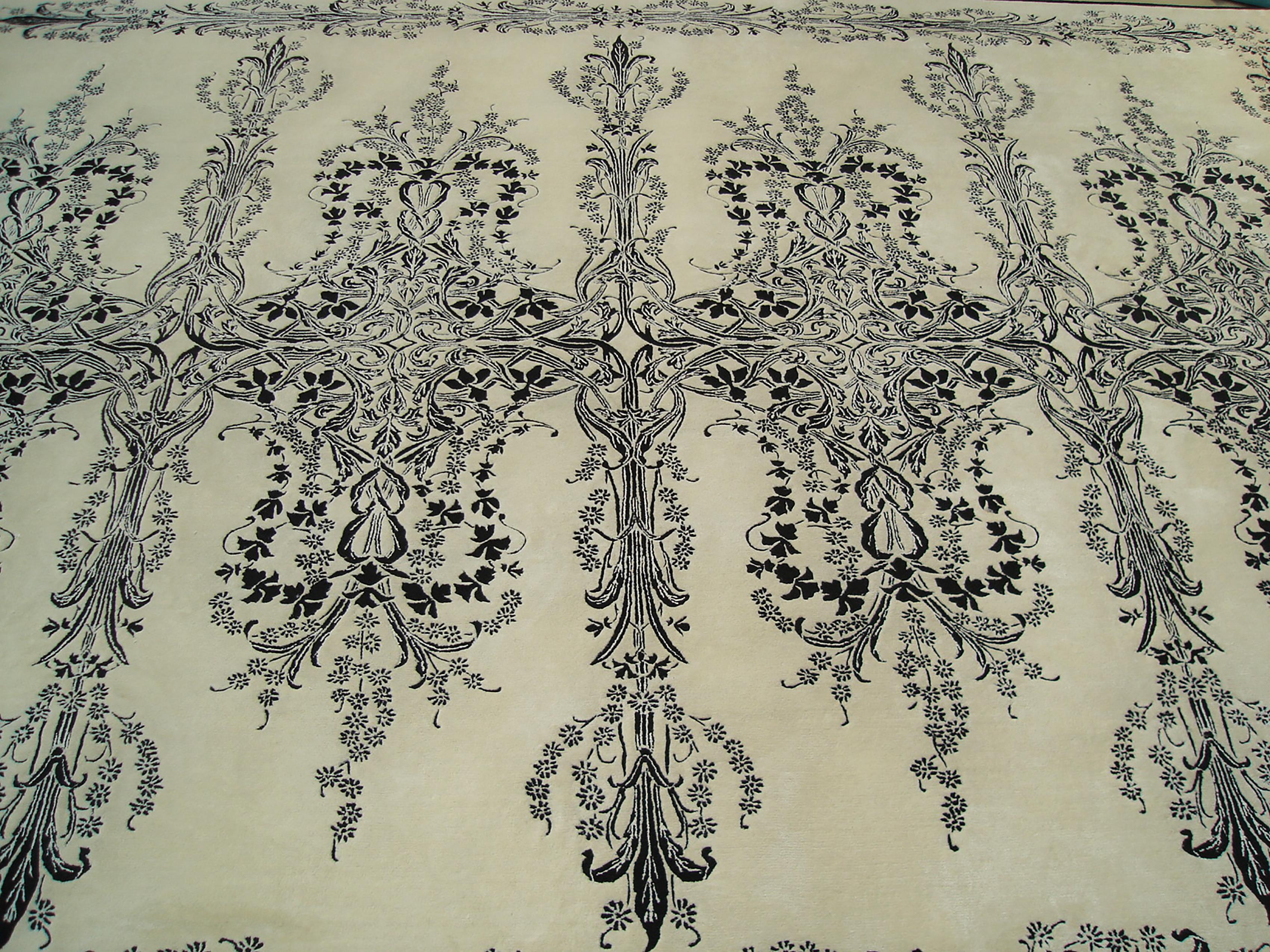 Modern Western European Silk Tufted Area Rug, White and Black Design, Custom Order For Sale