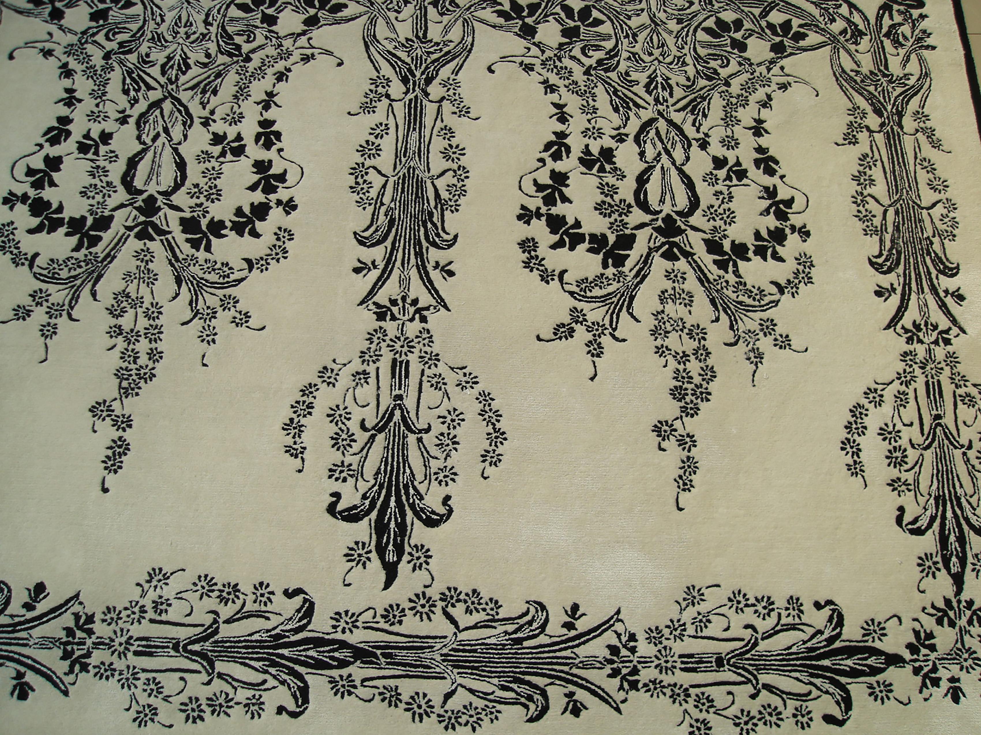 Chinese Western European Silk Tufted Area Rug, White and Black Design, Custom Order For Sale