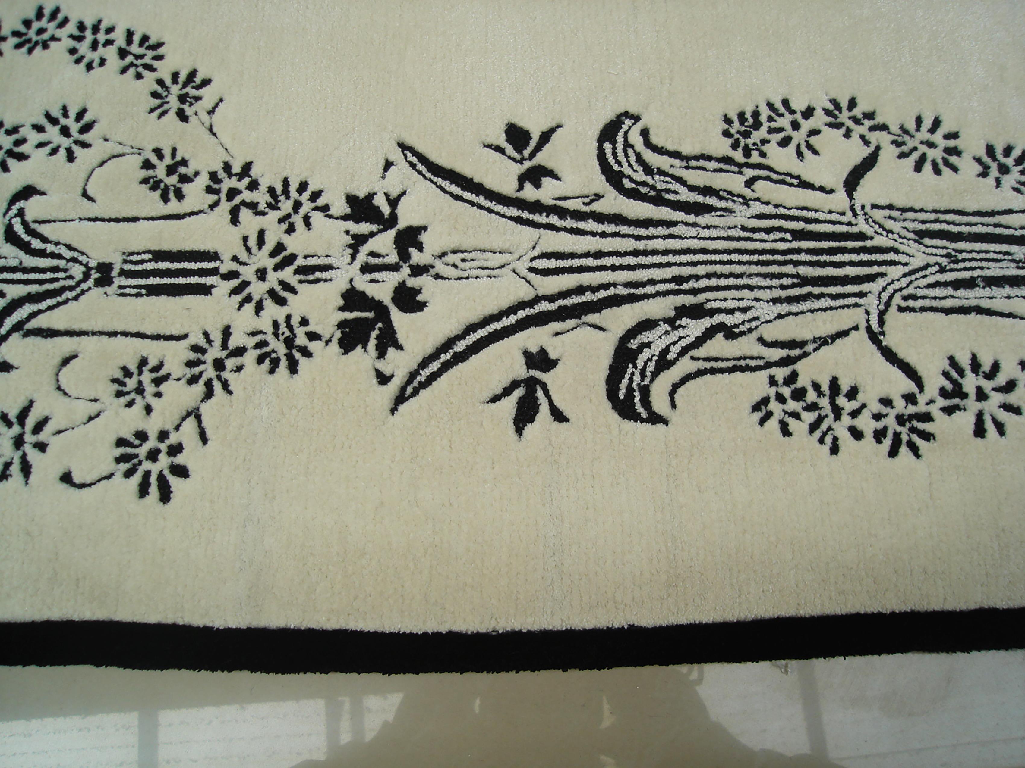 Hand-Carved Western European Silk Tufted Area Rug, White and Black Design, Custom Order For Sale