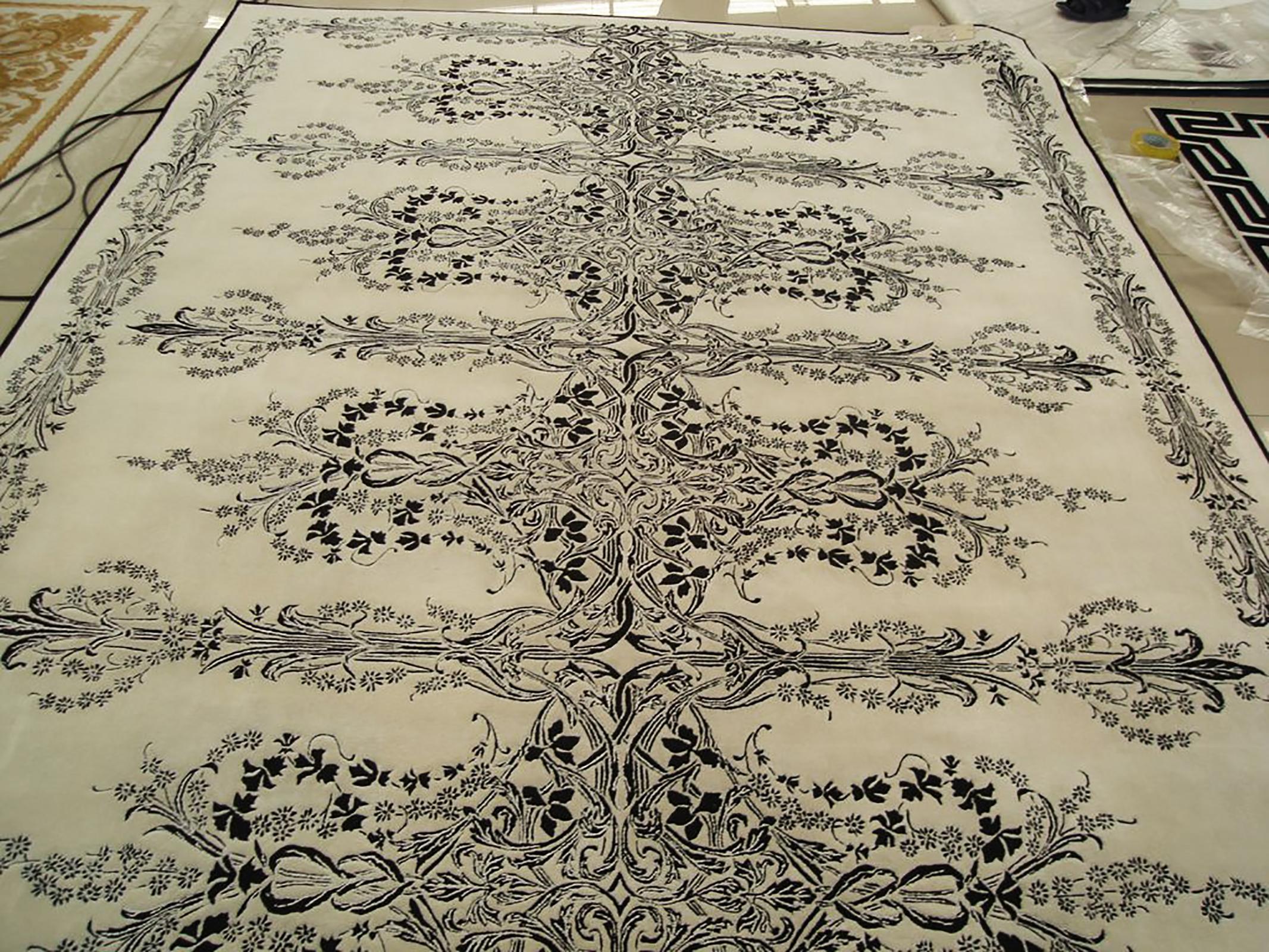 Contemporary Western European Silk Tufted Area Rug, White and Black Design, Custom Order For Sale