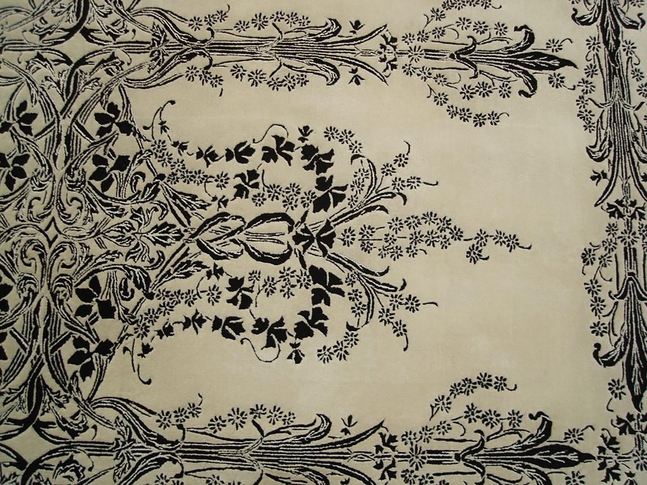 Wool Western European Silk Tufted Area Rug, White and Black Design, Custom Order For Sale
