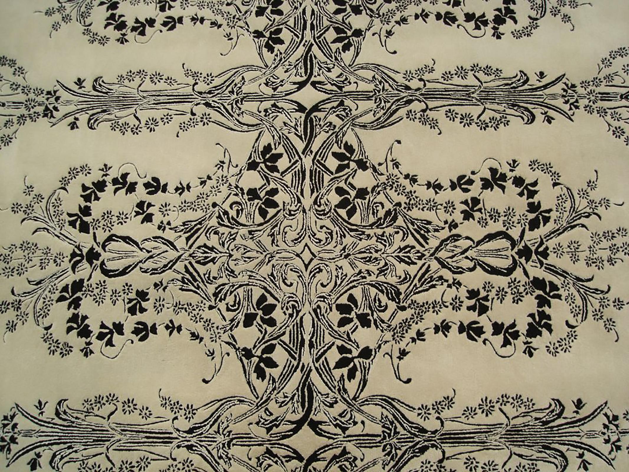 Western European Silk Tufted Area Rug, White and Black Design, Custom Order For Sale 1