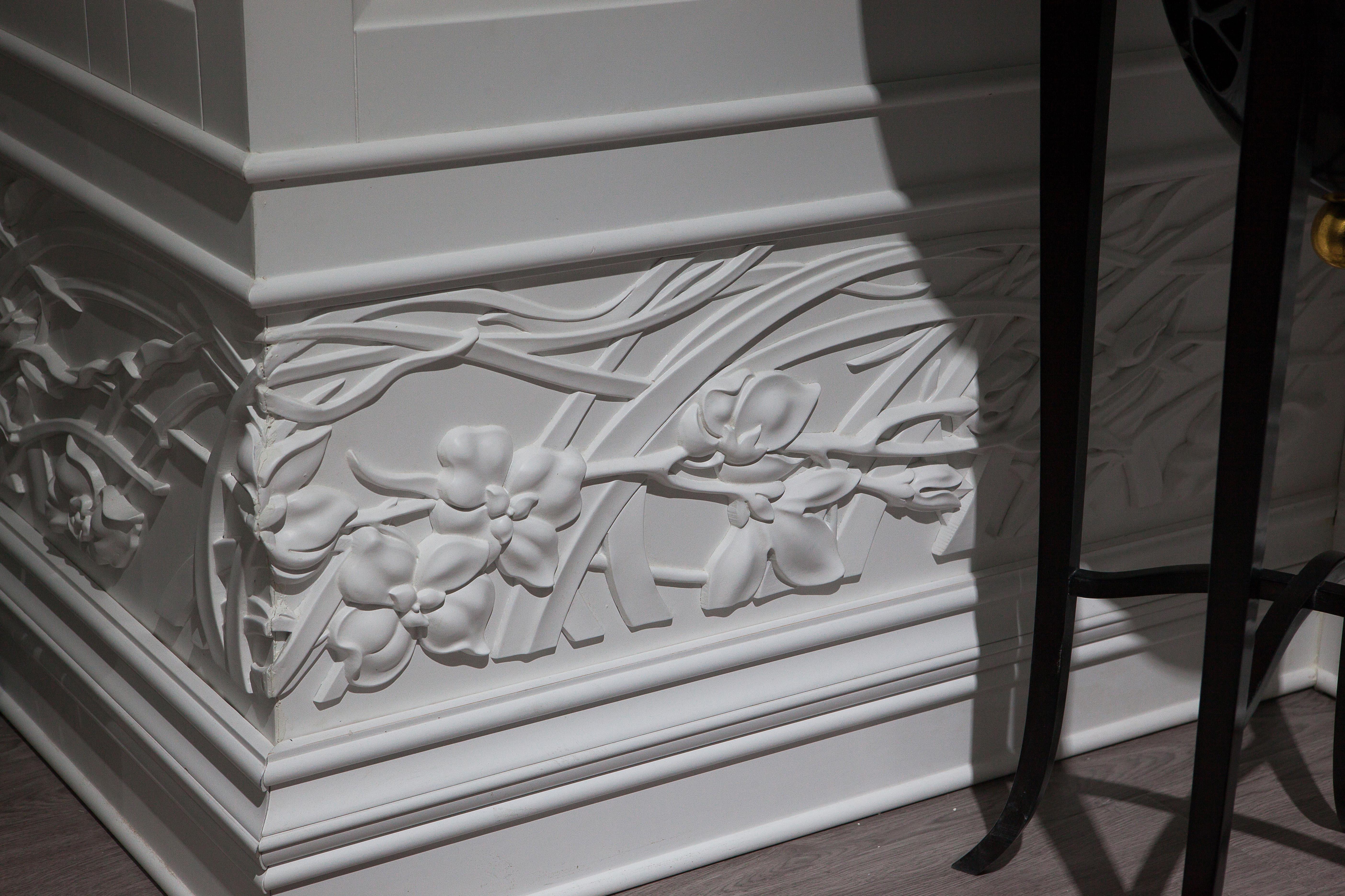 
Solid Wood Panel in White Finishing with Carved Elements, Custom Made
Made of solid wood, painted and  hand carved. This  model shows the overall design fragment assembled and the price given to this particular size. Basically,  panel design  is