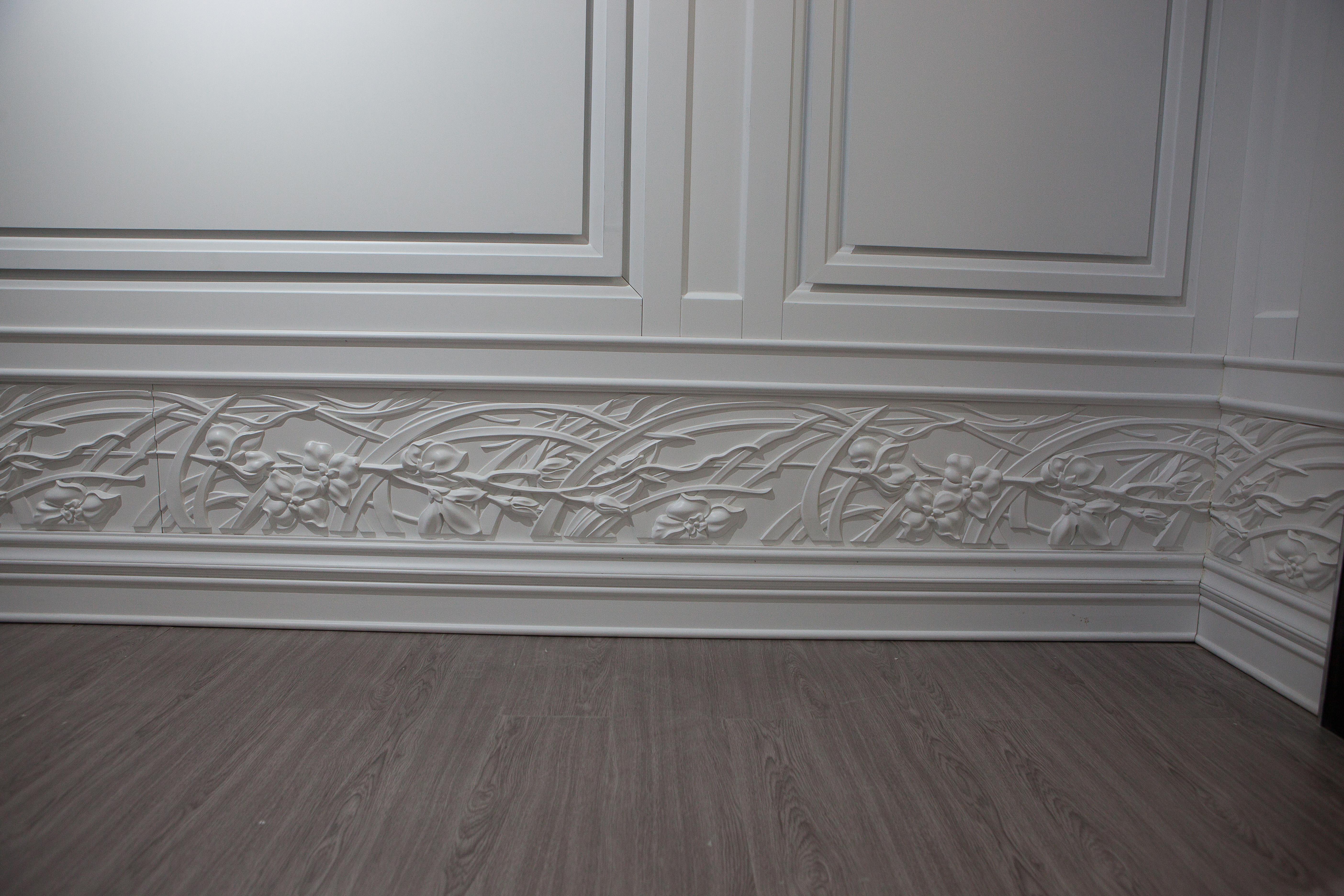 Hand-Carved Solid Wood Panel in White Finishing with Carved Elements, Custom Made For Sale