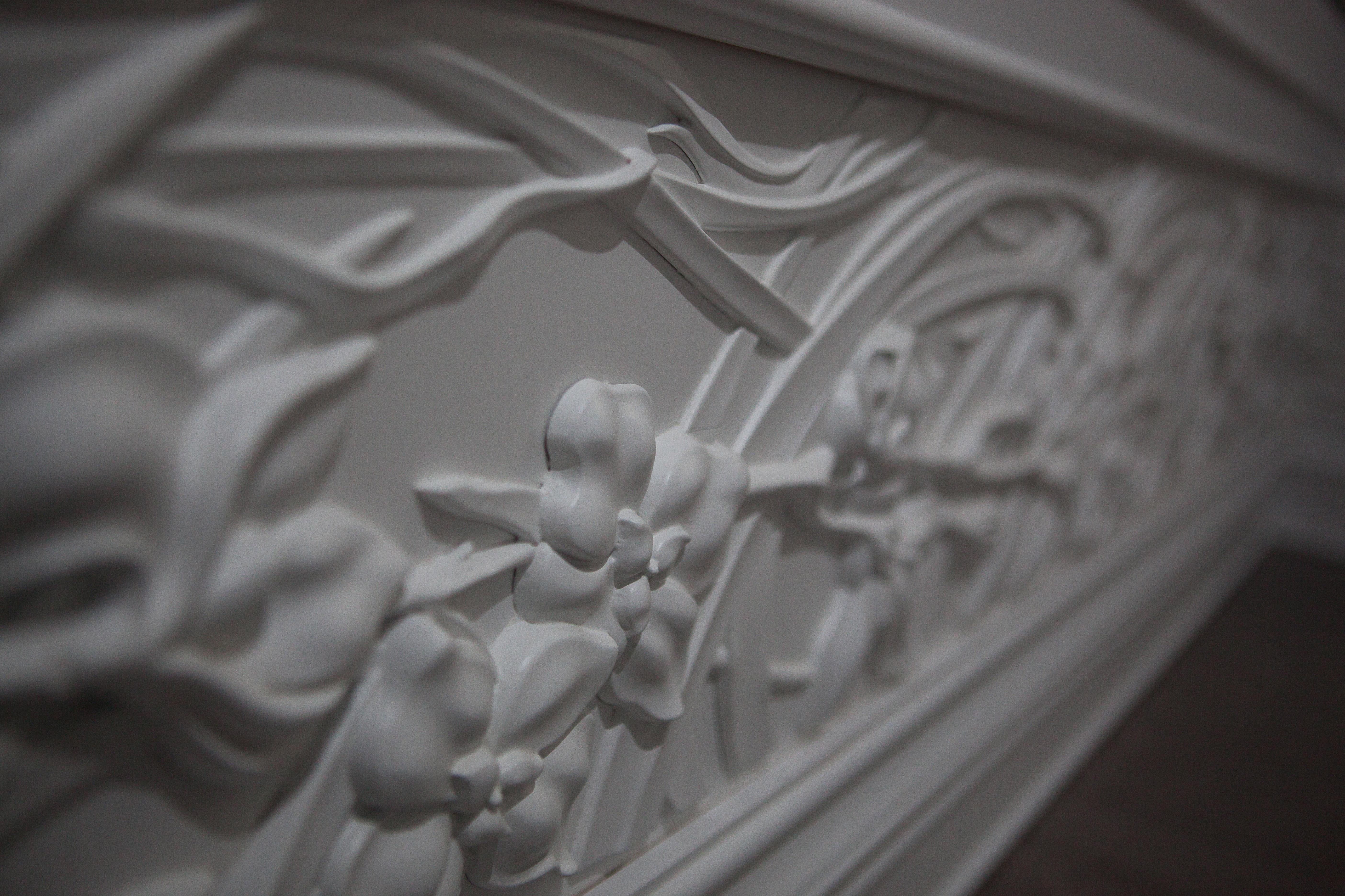 Contemporary Solid Wood Panel in White Finishing with Carved Elements, Custom Made For Sale