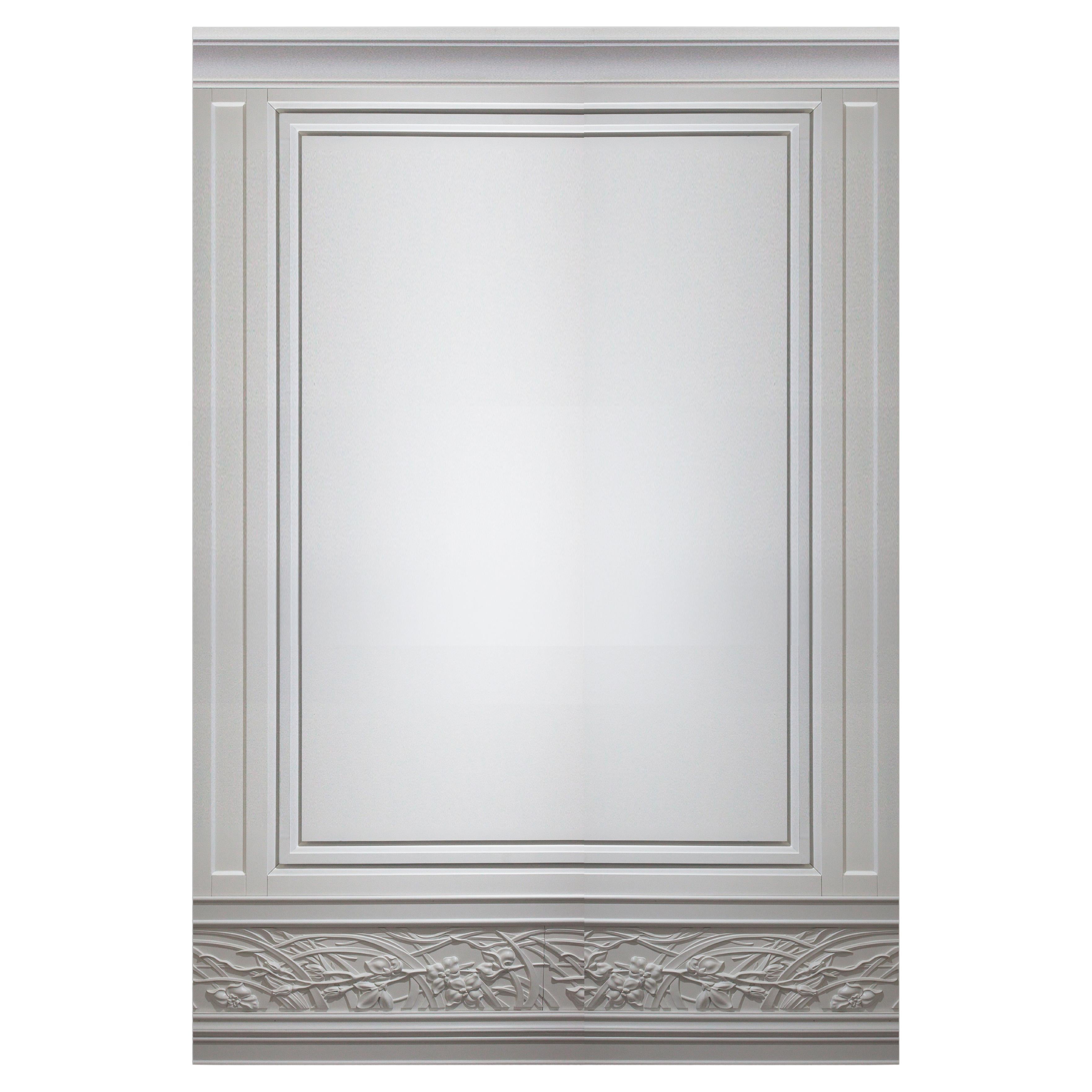 Solid Wood Panel in White Finishing with Carved Elements, Custom Made For Sale