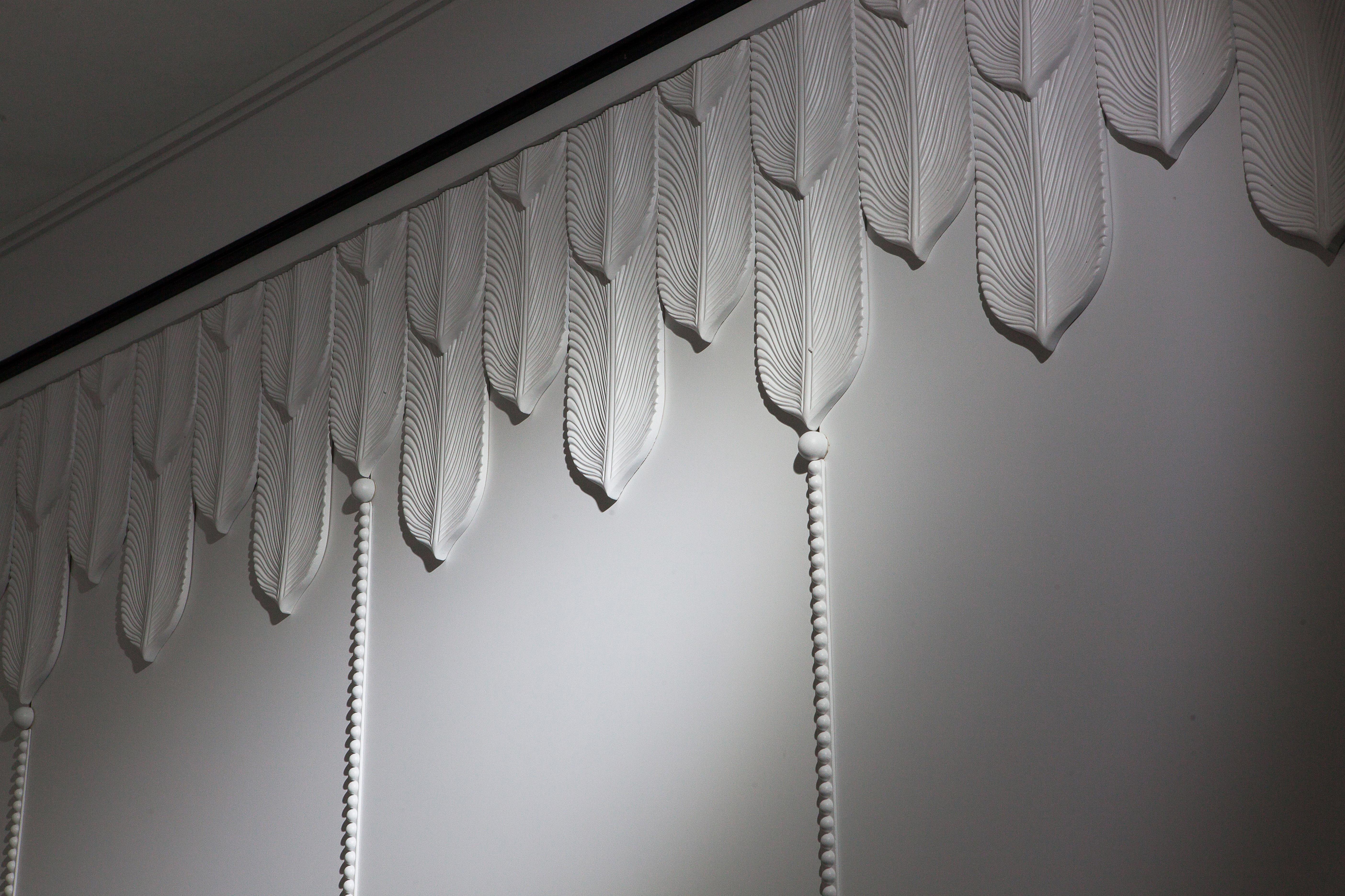 Hong Kong Solid Wood Panel in White Finishing with Carved Elements, Custom Made For Sale