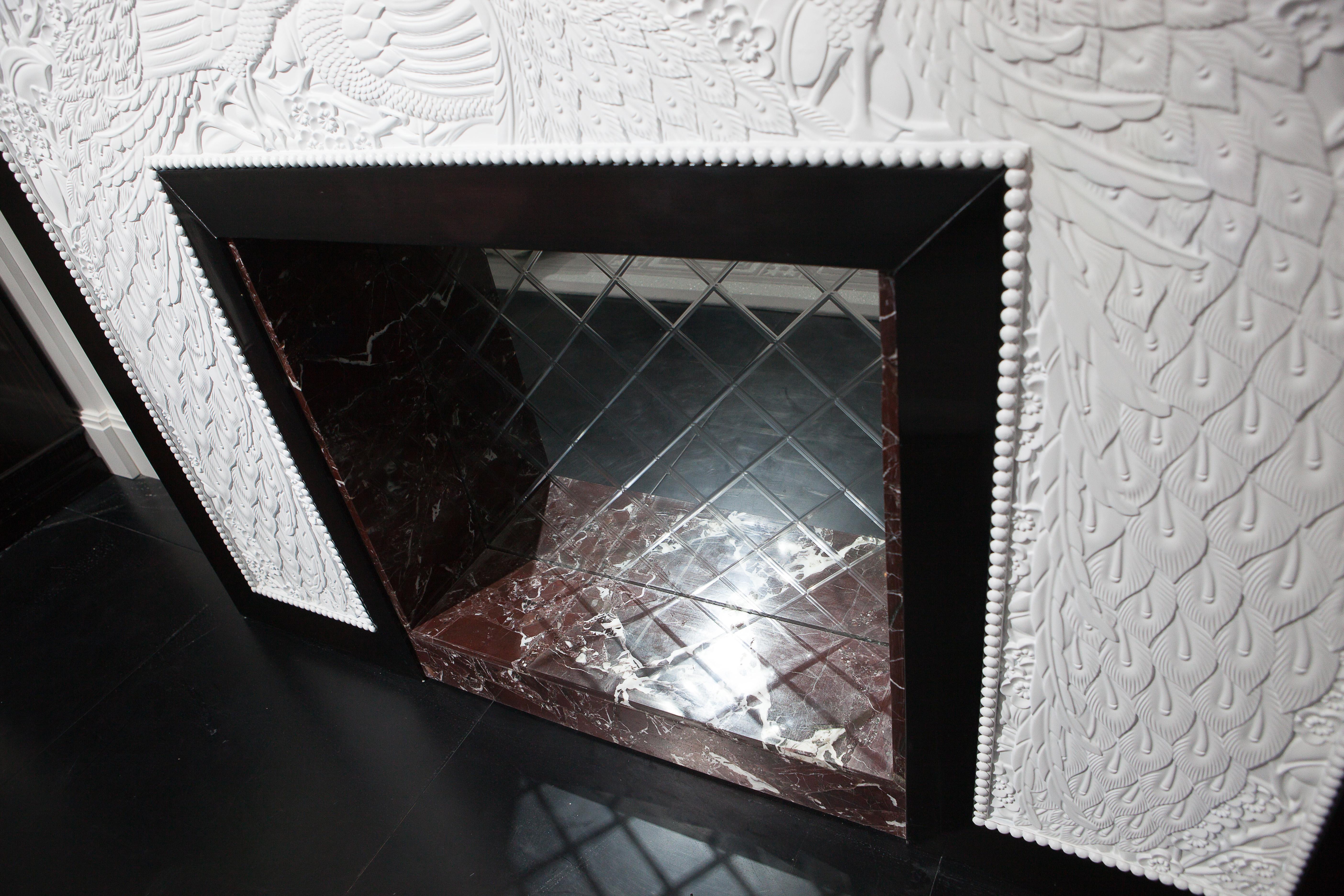Decorative Fireplace in Ebony Wood White Carved Elements and Peacock Design For Sale 2