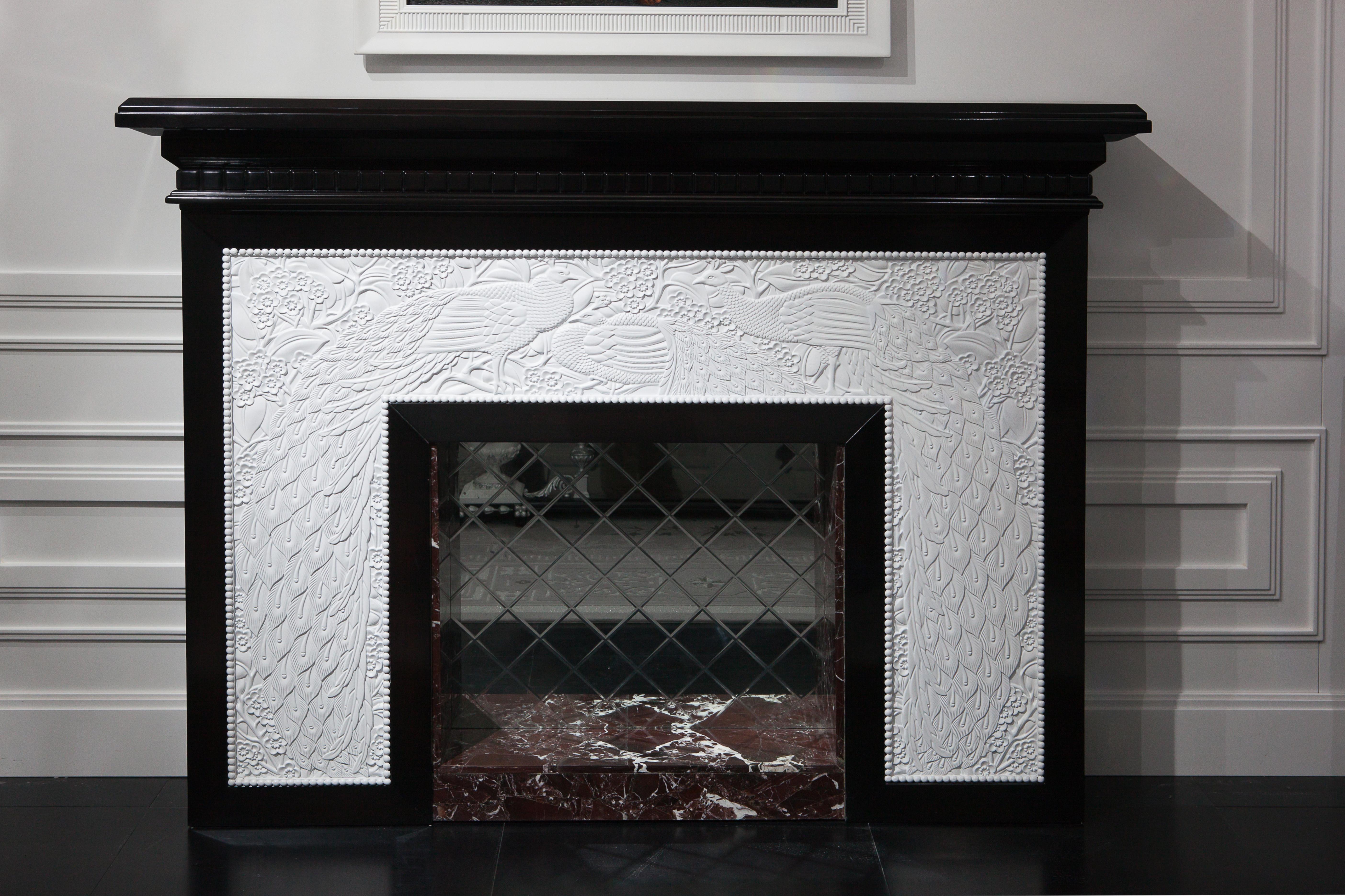  Decorative Fireplace in Ebony Wood White Carved Elements and Peacock Design
Alexander's Collection Peacock decorative fireplace (limited edition, only 10 pieces) was used as an exhibition piece and has been preserved in very good condition. Part of