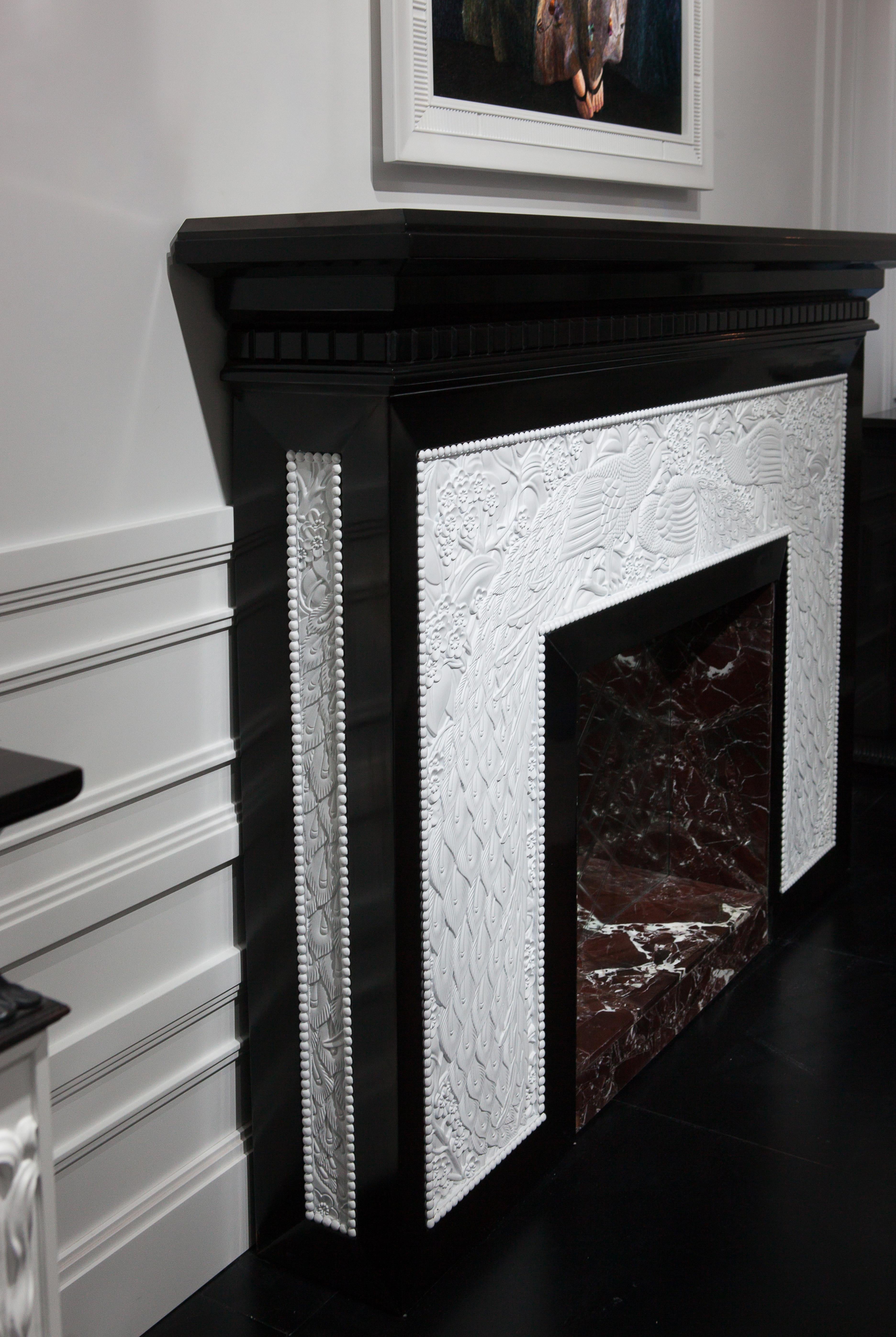 Art Deco Decorative Fireplace in Ebony Wood White Carved Elements and Peacock Design For Sale
