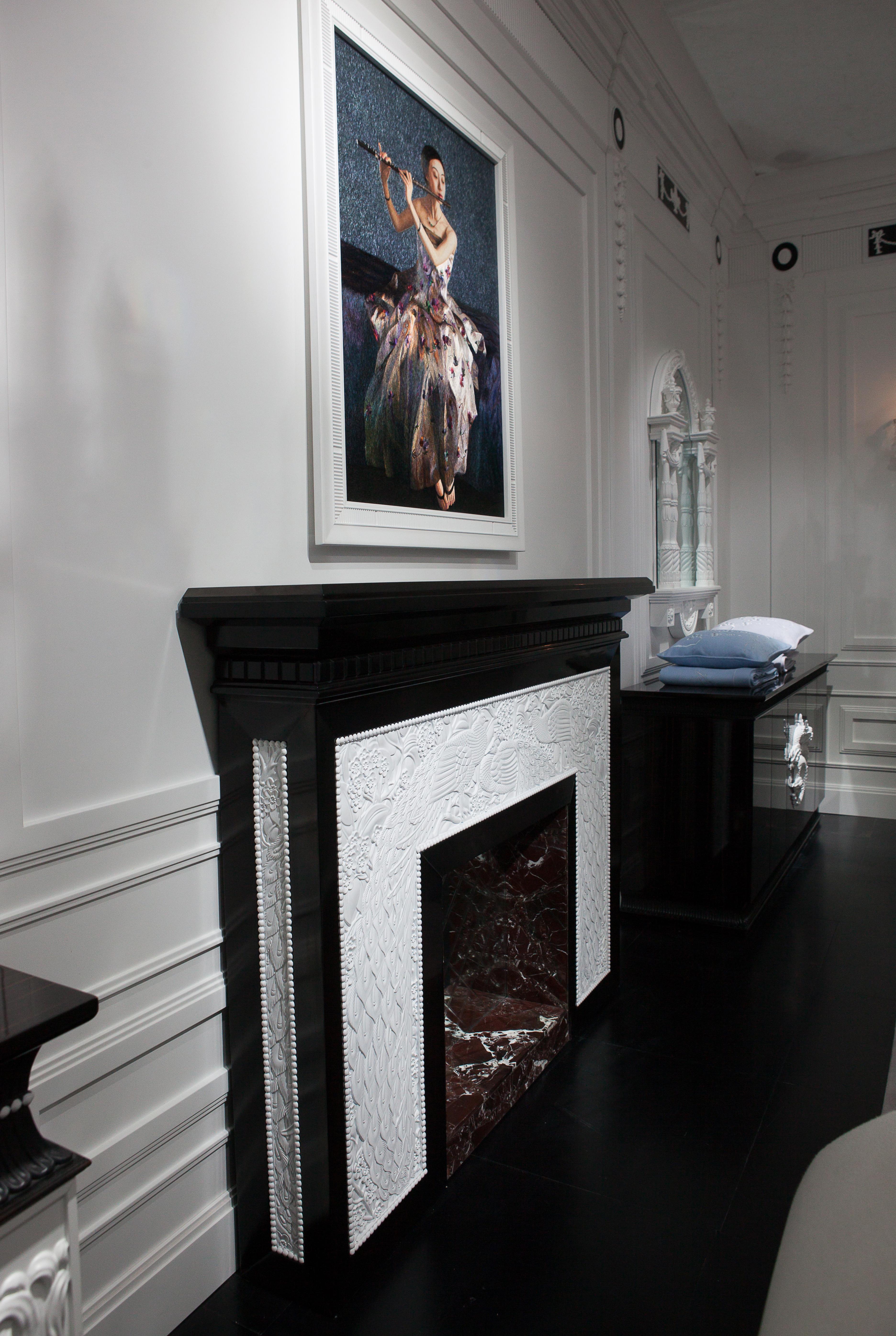 Chinese Decorative Fireplace in Ebony Wood White Carved Elements and Peacock Design For Sale