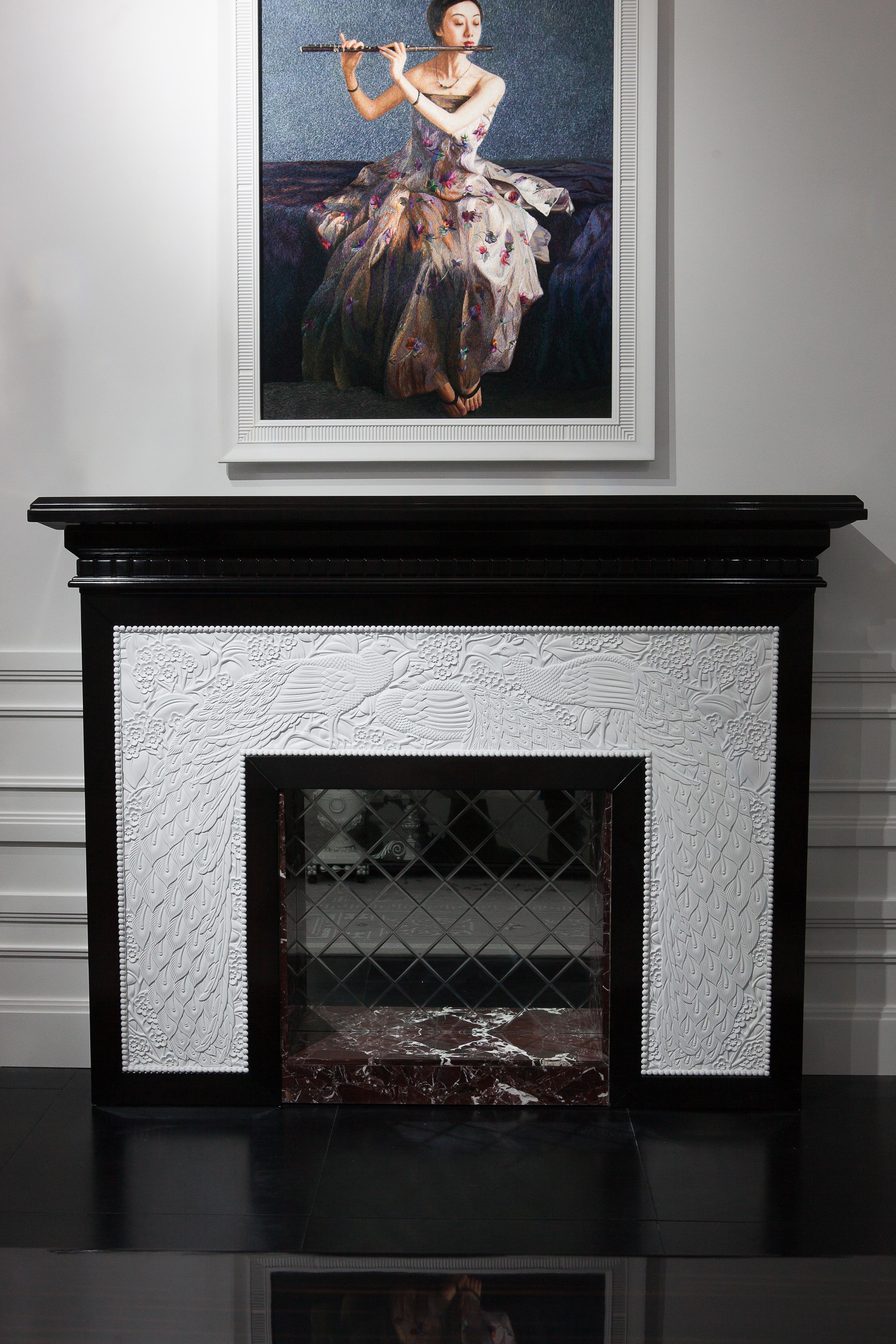 Hand-Carved Decorative Fireplace in Ebony Wood White Carved Elements and Peacock Design For Sale