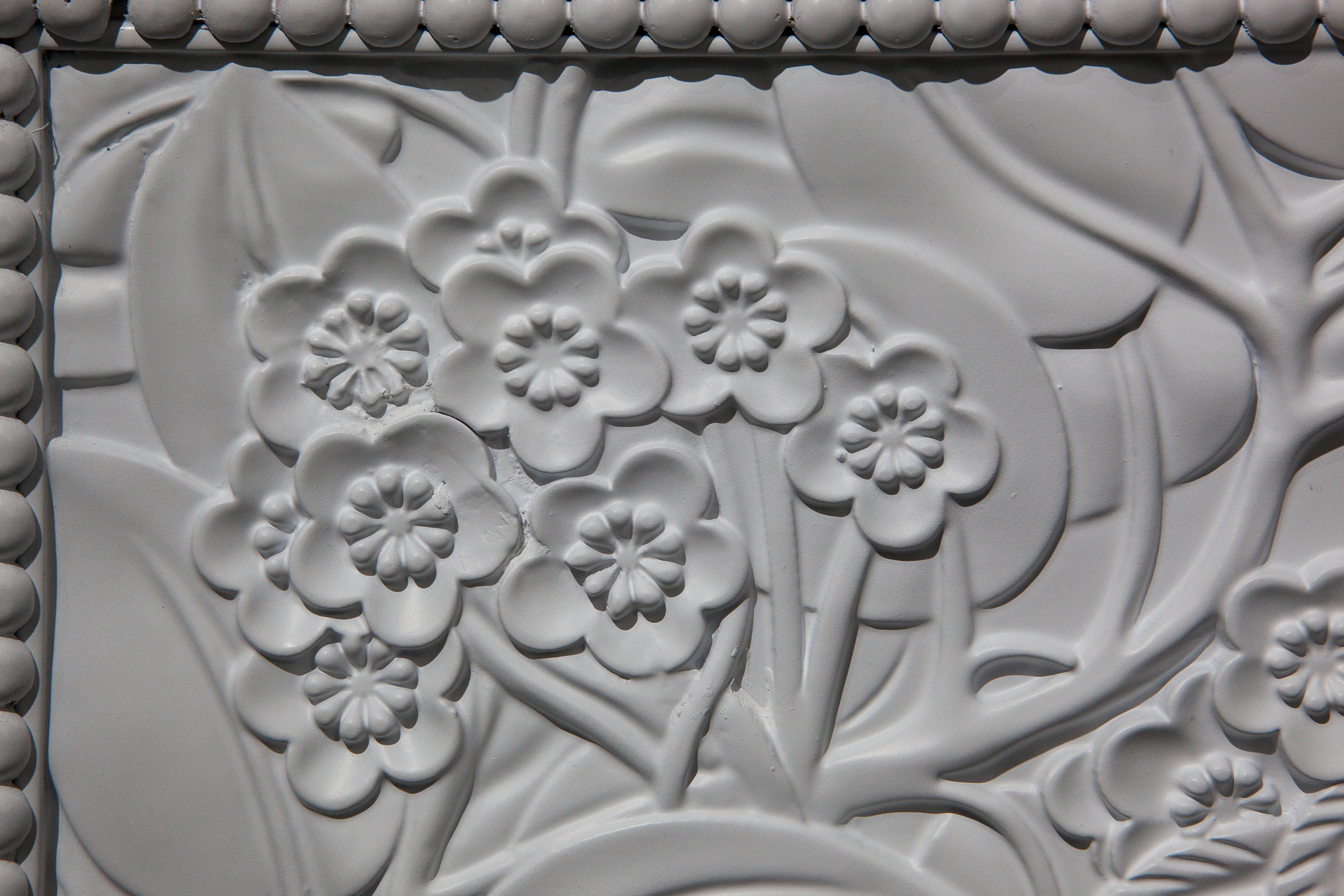 Mirror Decorative Fireplace in Ebony Wood White Carved Elements and Peacock Design For Sale