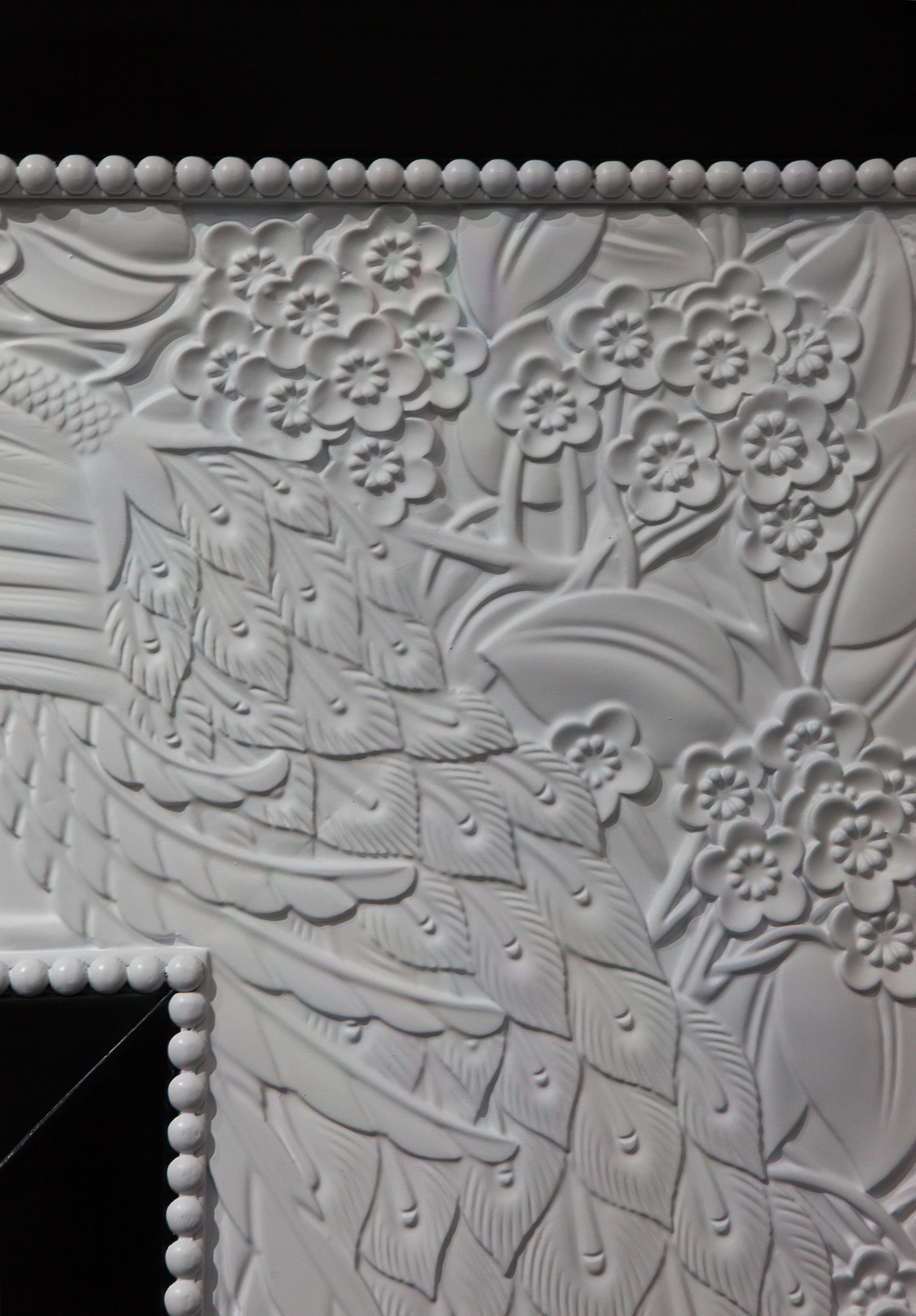 Decorative Fireplace in Ebony Wood White Carved Elements and Peacock Design For Sale 1