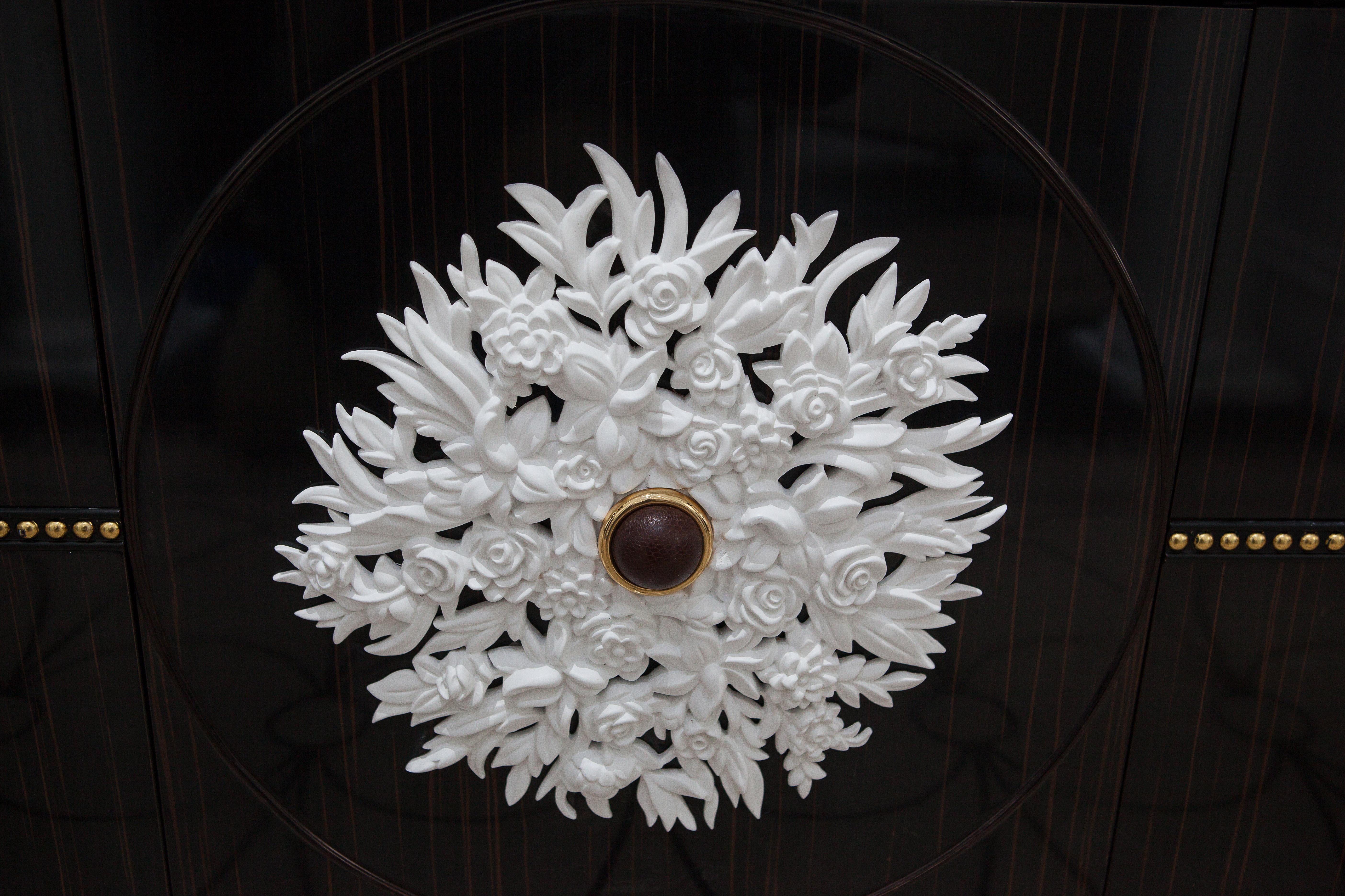 Hand-Carved Dresser in Ebony Wood with White Flower Carving, Gold Leaf, Neoclassical Revival For Sale