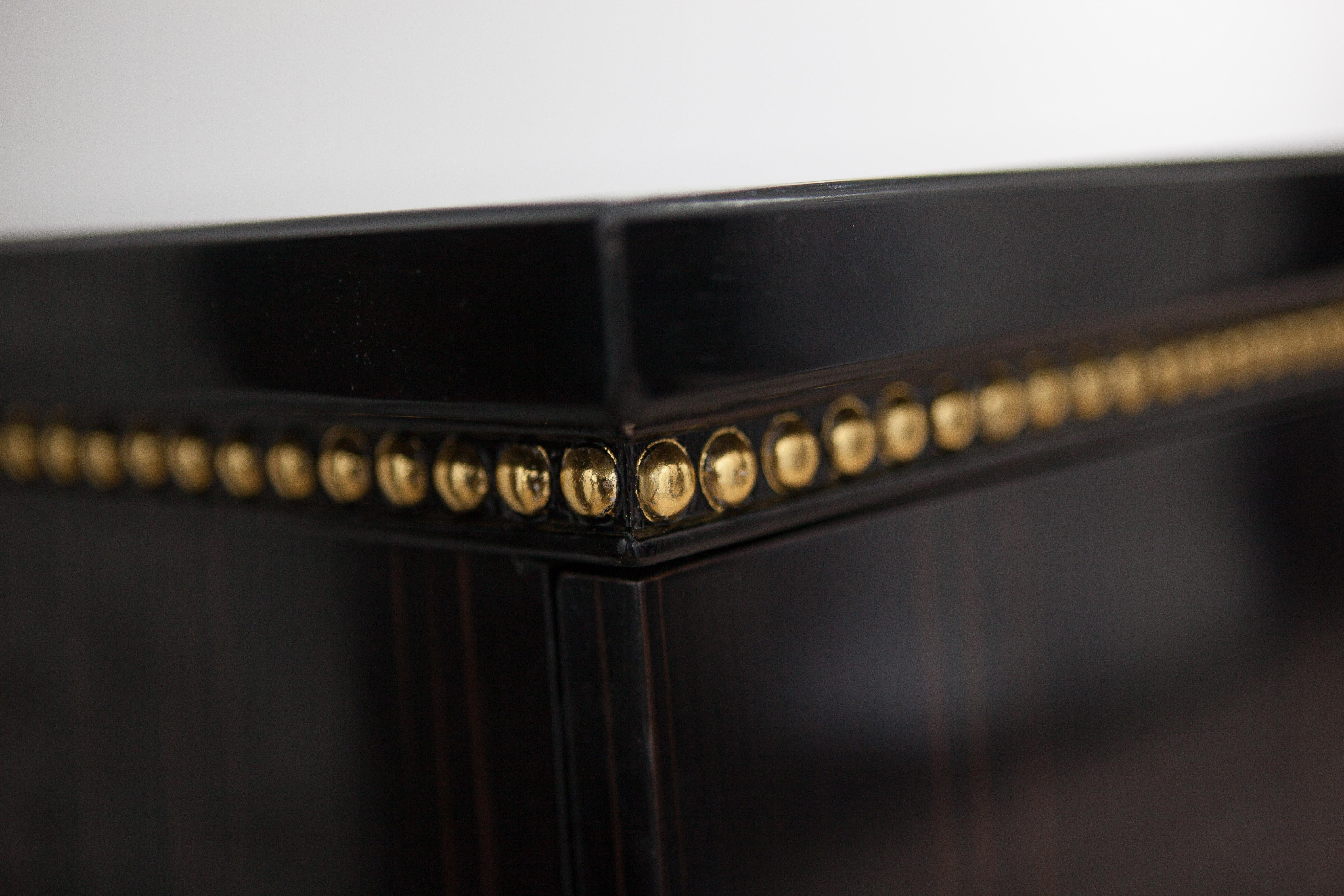 Contemporary Dresser in Ebony Wood with White Flower Carving, Gold Leaf, Neoclassical Revival For Sale