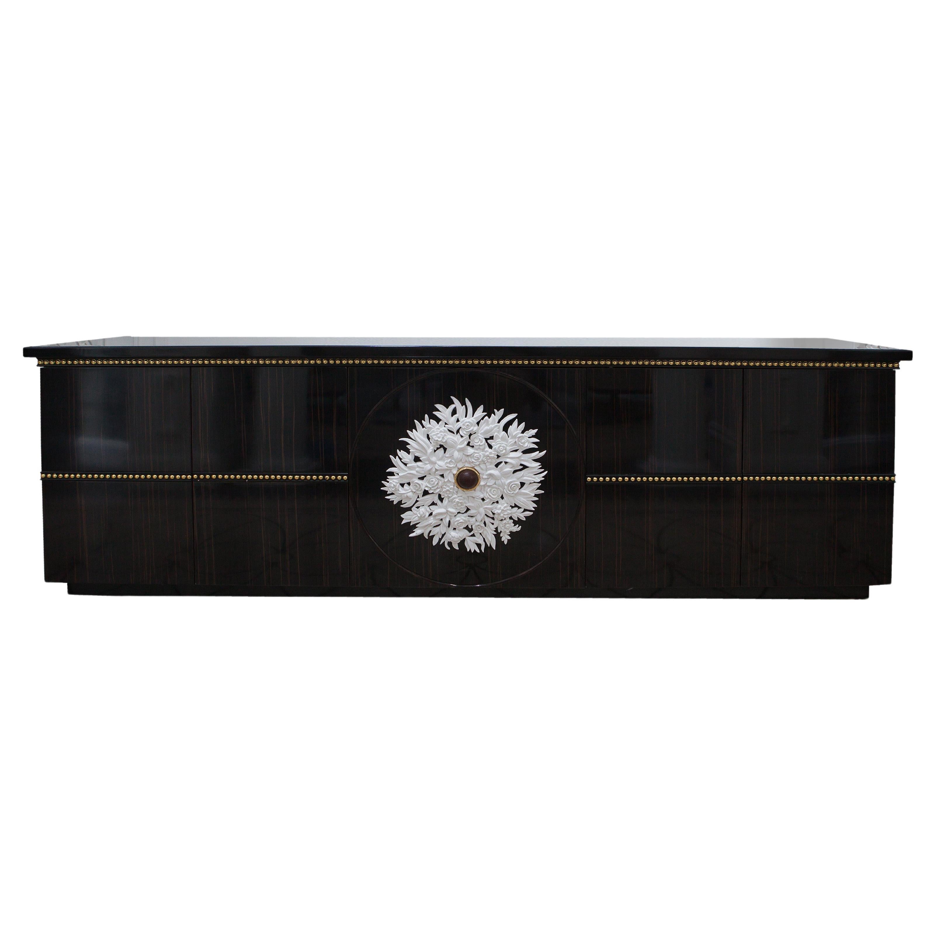 Dresser in Ebony Wood with White Flower Carving, Gold Leaf, Neoclassical Revival For Sale