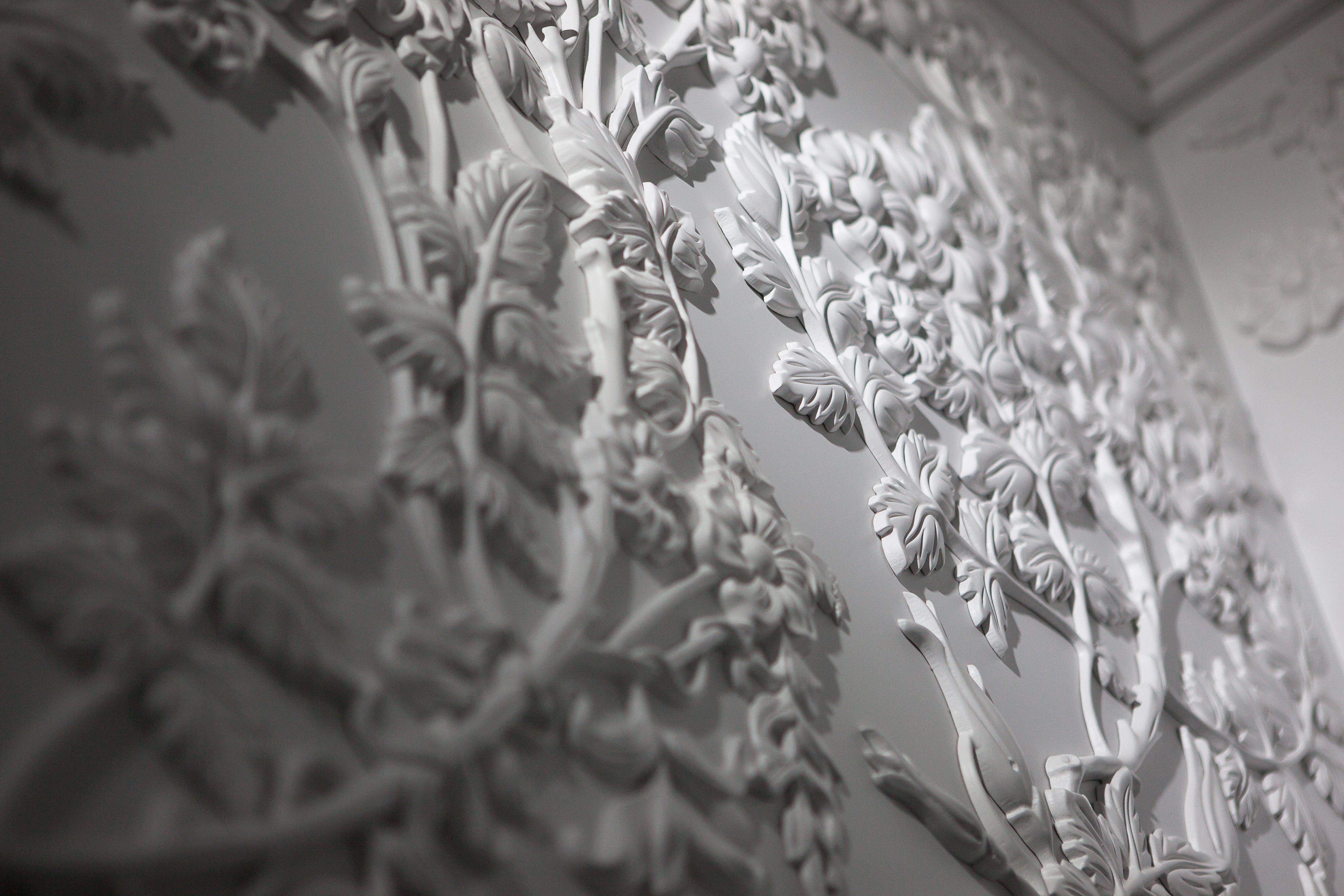 Hong Kong Solid Wood Panel in White and Ebony Finishing with Lalique Glass, Custom Made For Sale