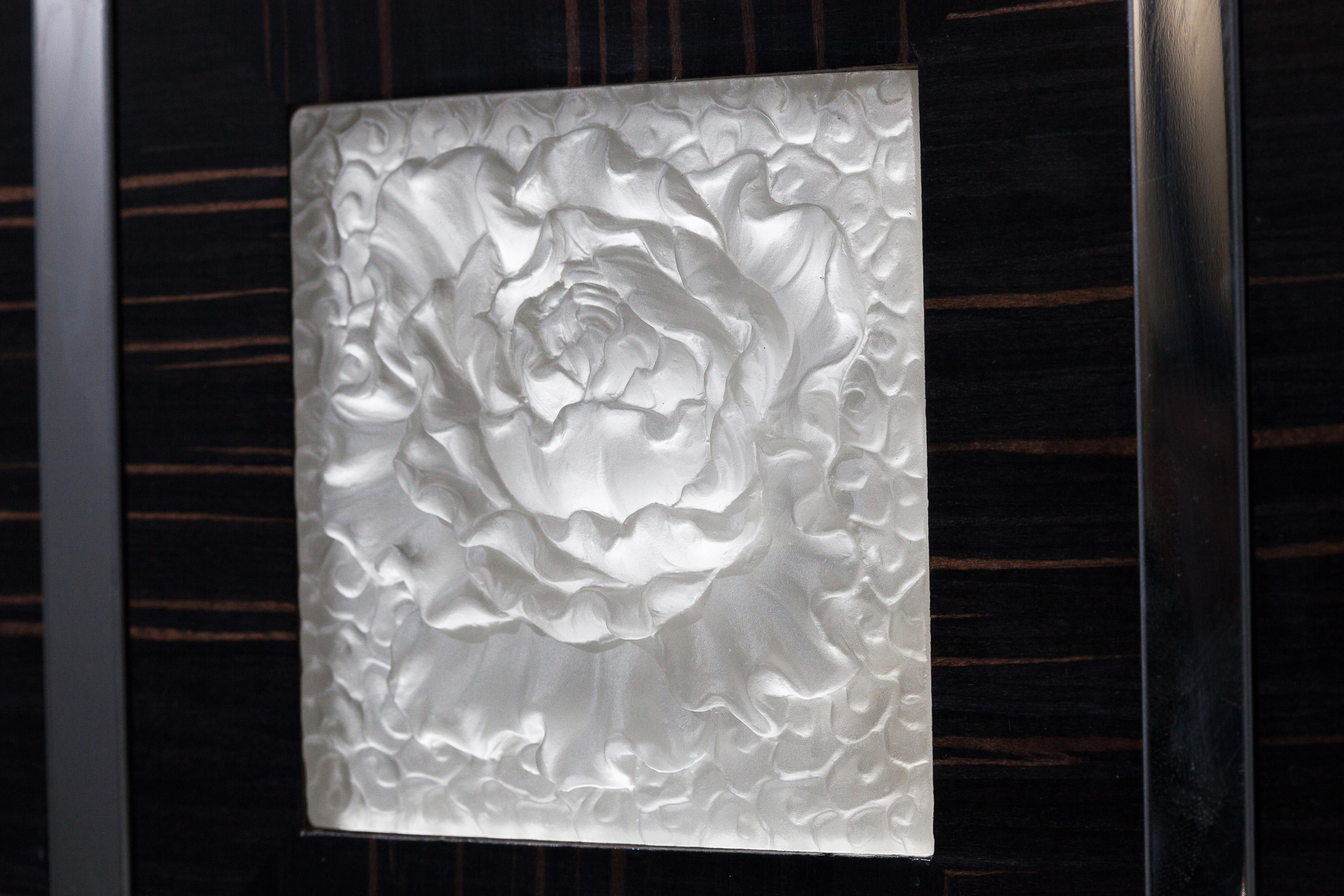 Hand-Carved Solid Wood Panel in White and Ebony Finishing with Lalique Glass, Custom Made For Sale