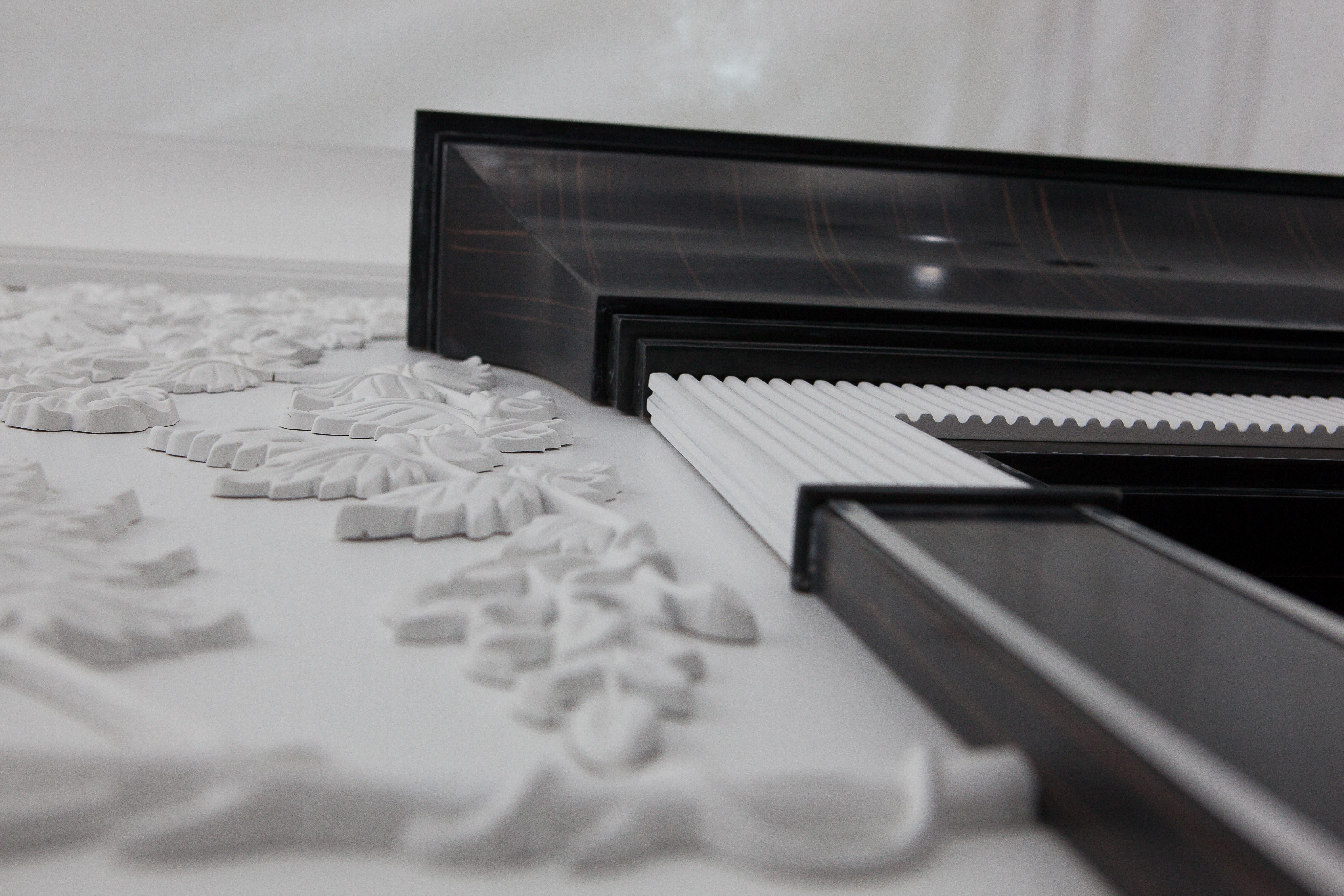 Art Glass Solid Wood Panel in White and Ebony Finishing with Lalique Glass, Custom Made For Sale