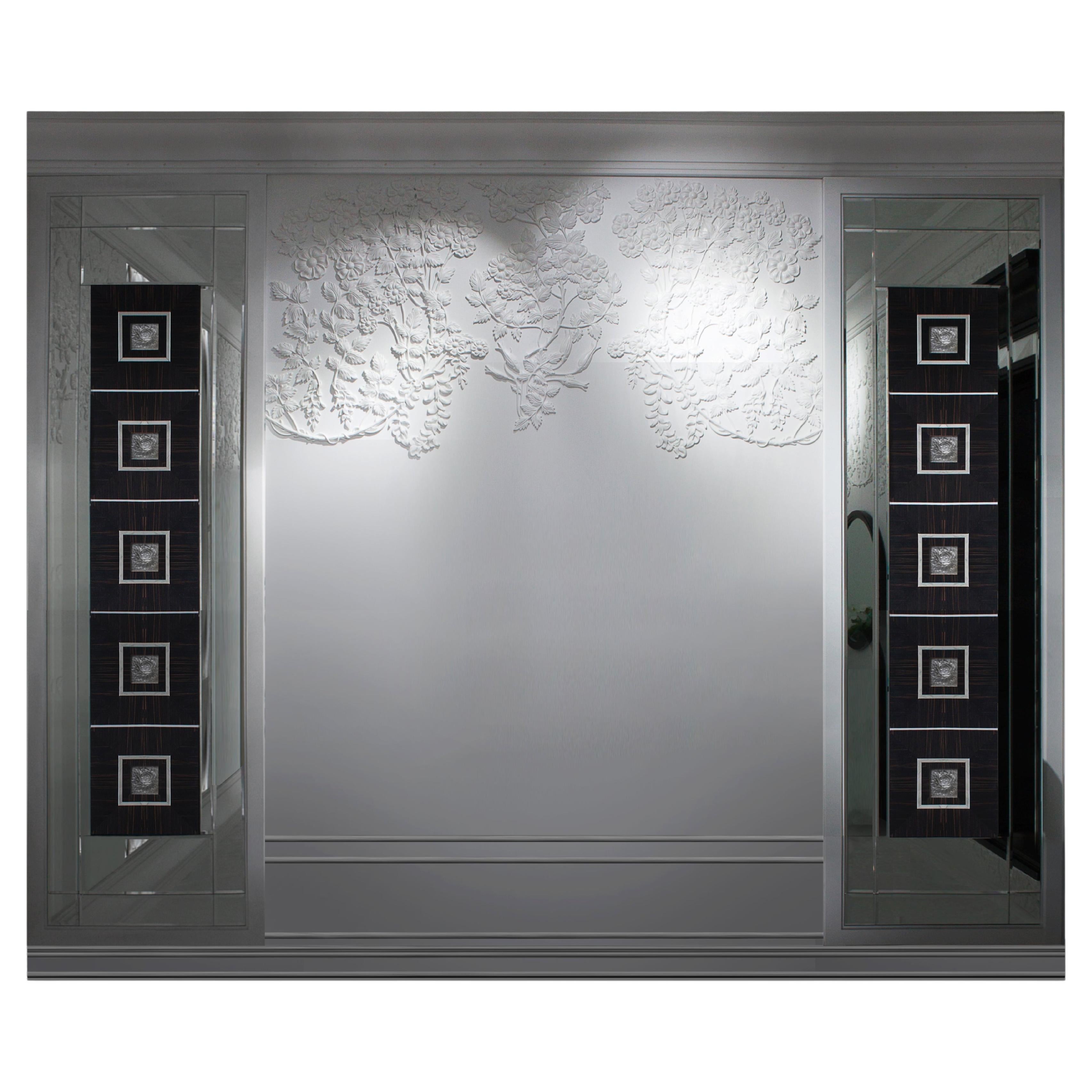 Solid Wood Panel in White and Ebony Finishing with Lalique Glass, Custom Made