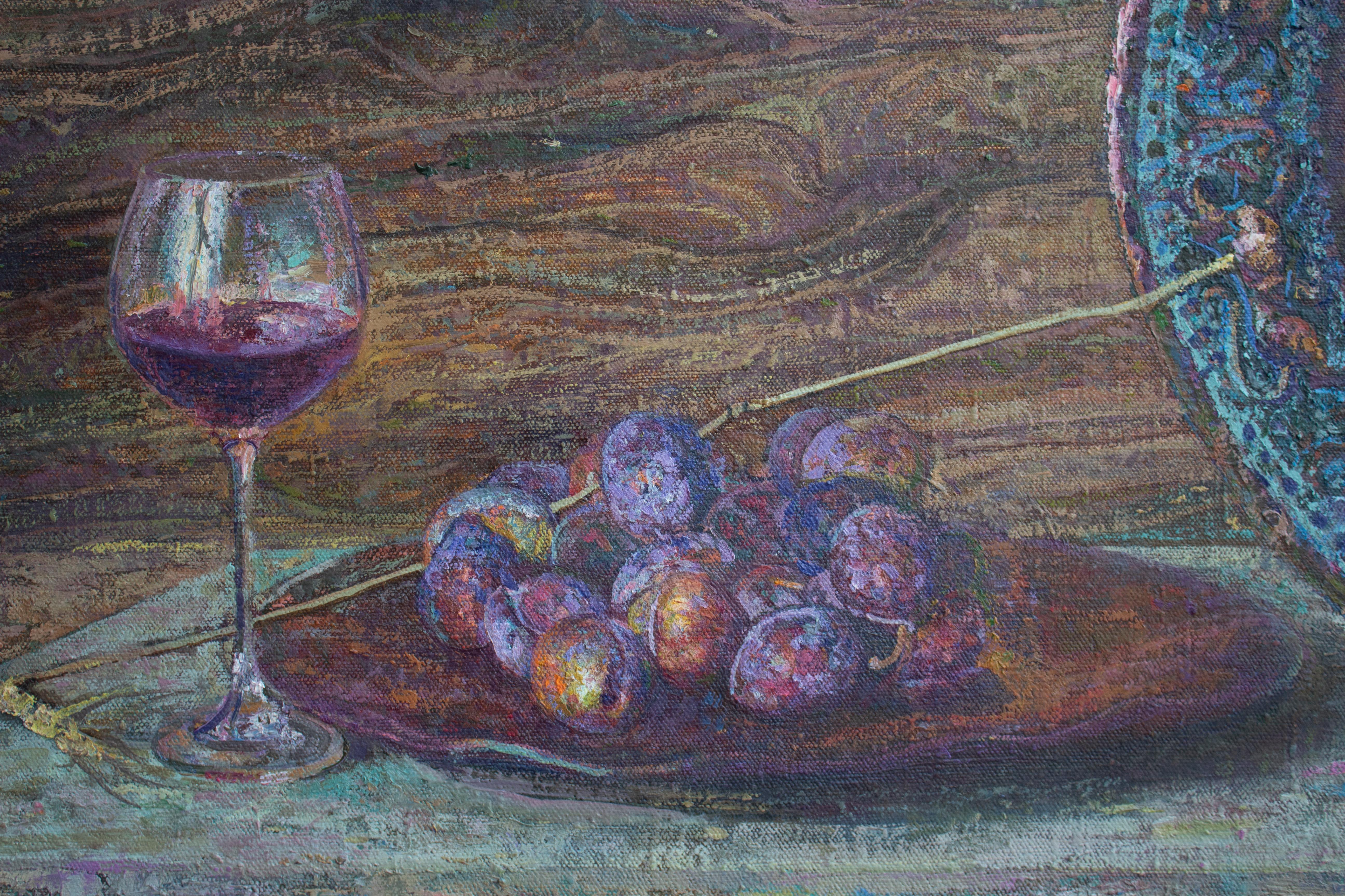 Peinture à l'huile - Nature morte bordeaux - Blanc, marron, gris, violet, bleu - Painting de Alexandr Reznichenko