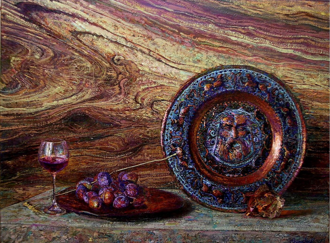 Still-Life Painting Alexandr Reznichenko - Peinture à l'huile - Nature morte bordeaux - Blanc, marron, gris, violet, bleu
