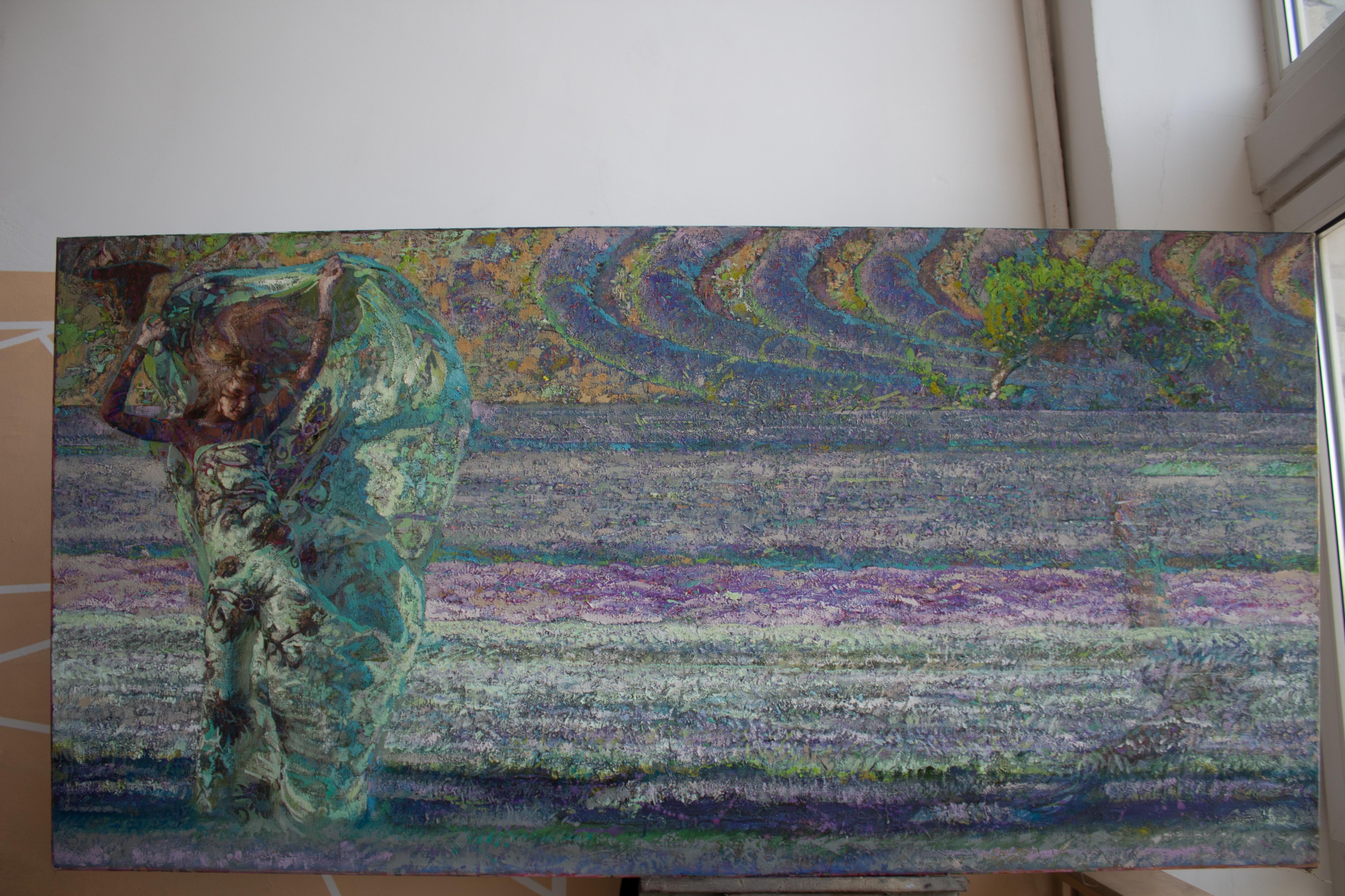  Mistral Vincent - Peinture à l'huile - Paysage - Couleurs Violet Vert Marron Bleu Blanc - Impressionnisme Painting par Alexandr Reznichenko
