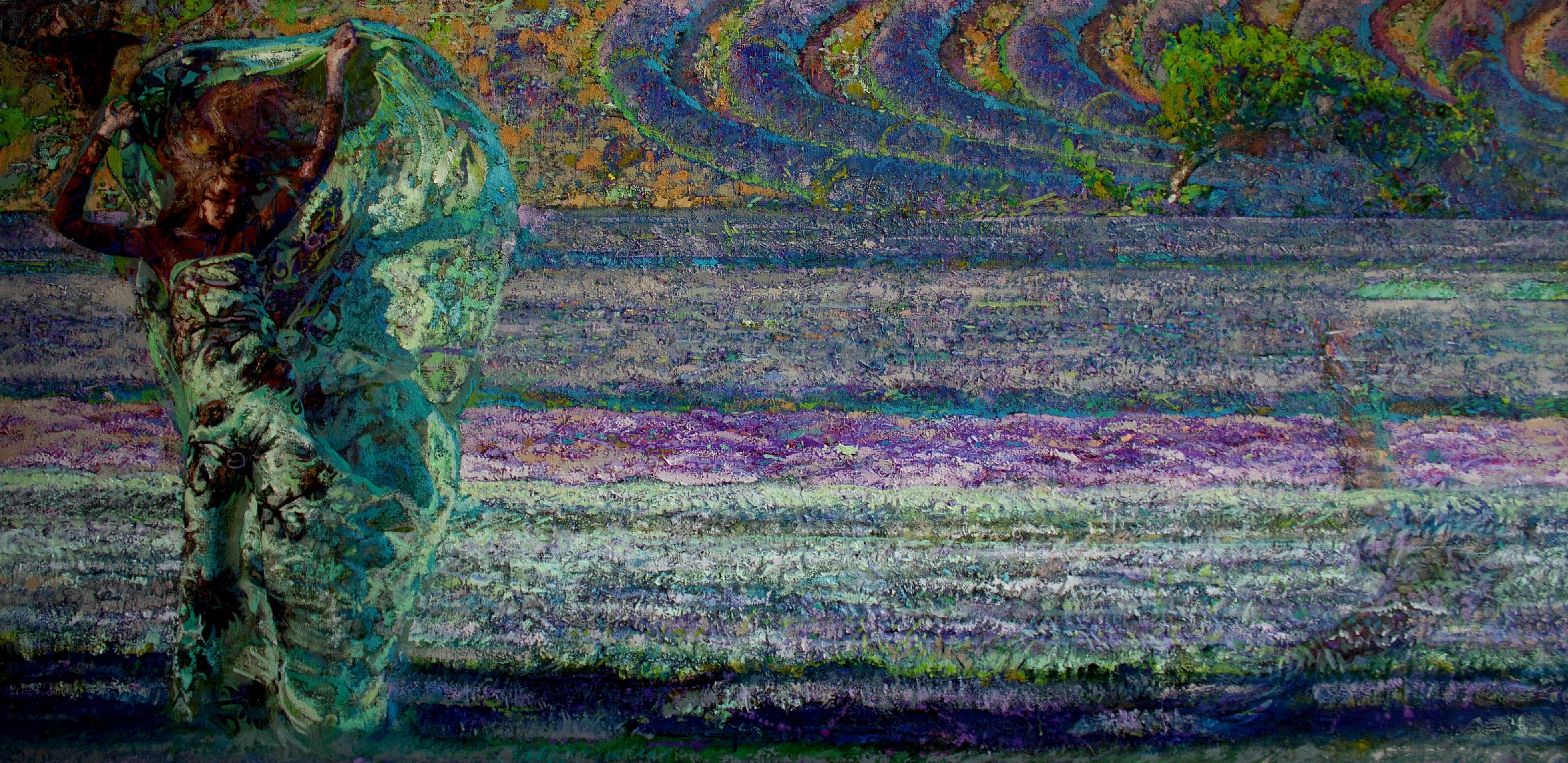 Figurative Painting de Alexandr Reznichenko - Mistral Vincent- Pintura al Óleo Paisaje Colores Violeta Verde Marrón Azul Blanco