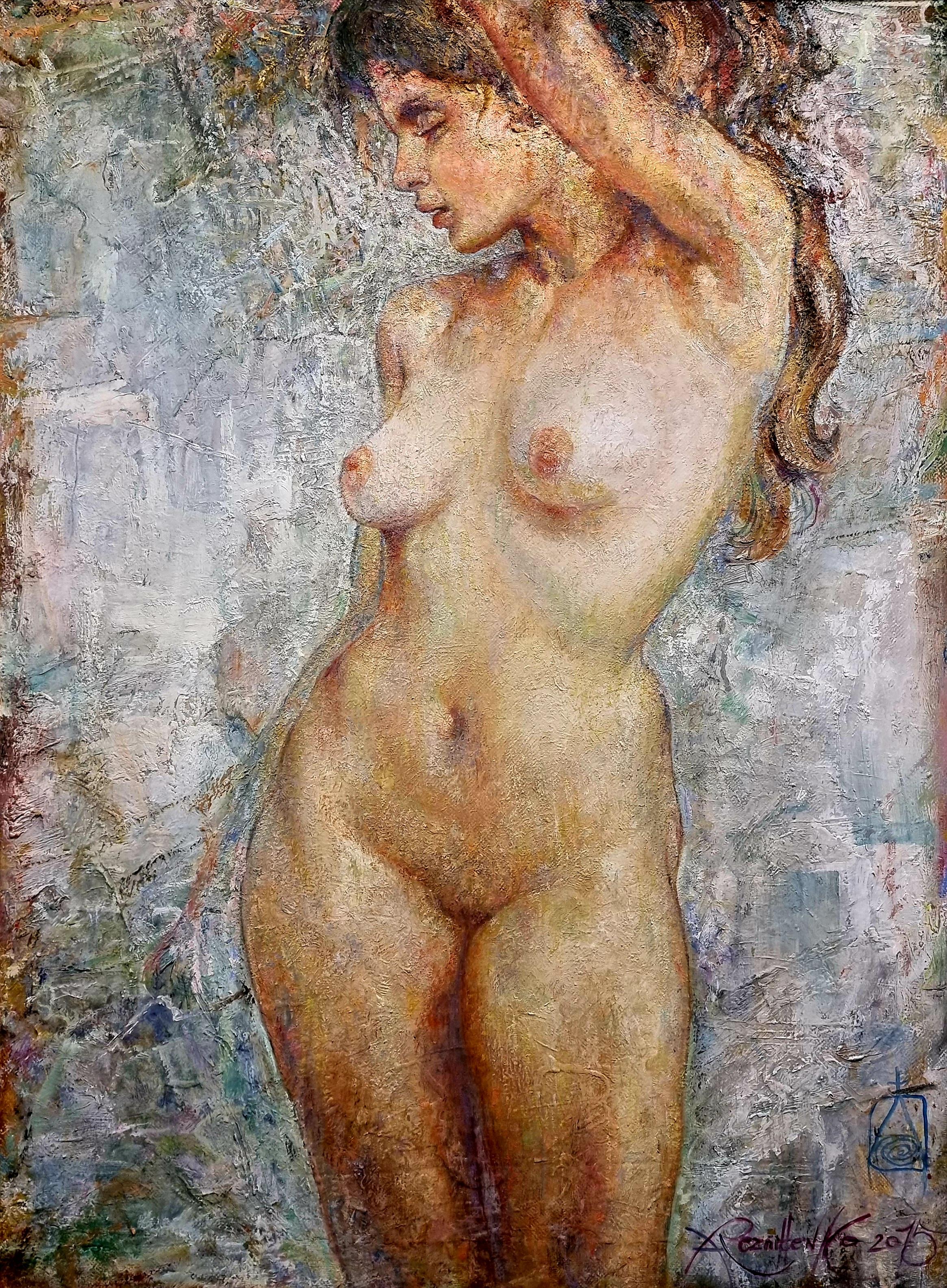 Alexandr Reznichenko Figurative Painting - Morning - Oil Nude Painting Colors Yellow Purple Green Brown Blue White