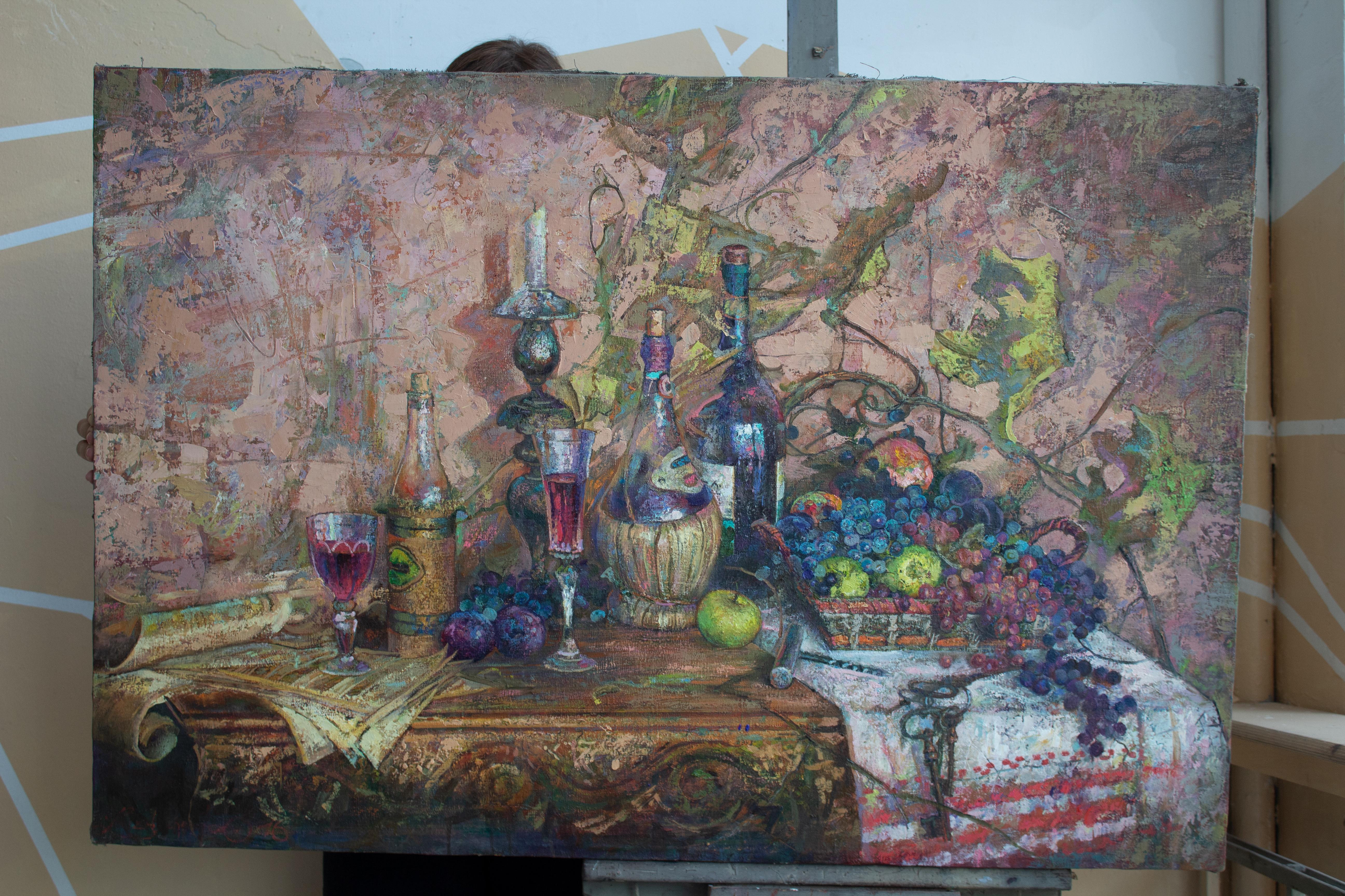 October's Wines - Oil Painting Oil Colors Green White Brown Grey Purple Blue - Gray Still-Life Painting by Alexandr Reznichenko
