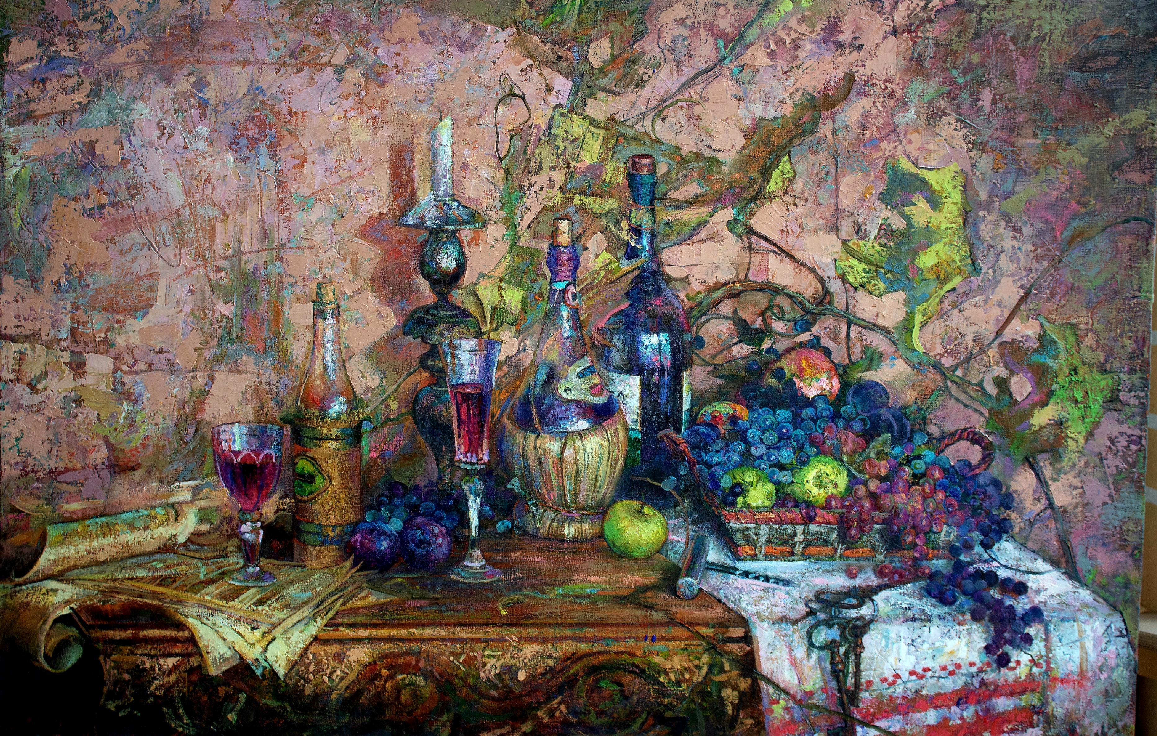 Alexandr Reznichenko Still-Life Painting - October's Wines - Oil Painting Oil Colors Green White Brown Grey Purple Blue