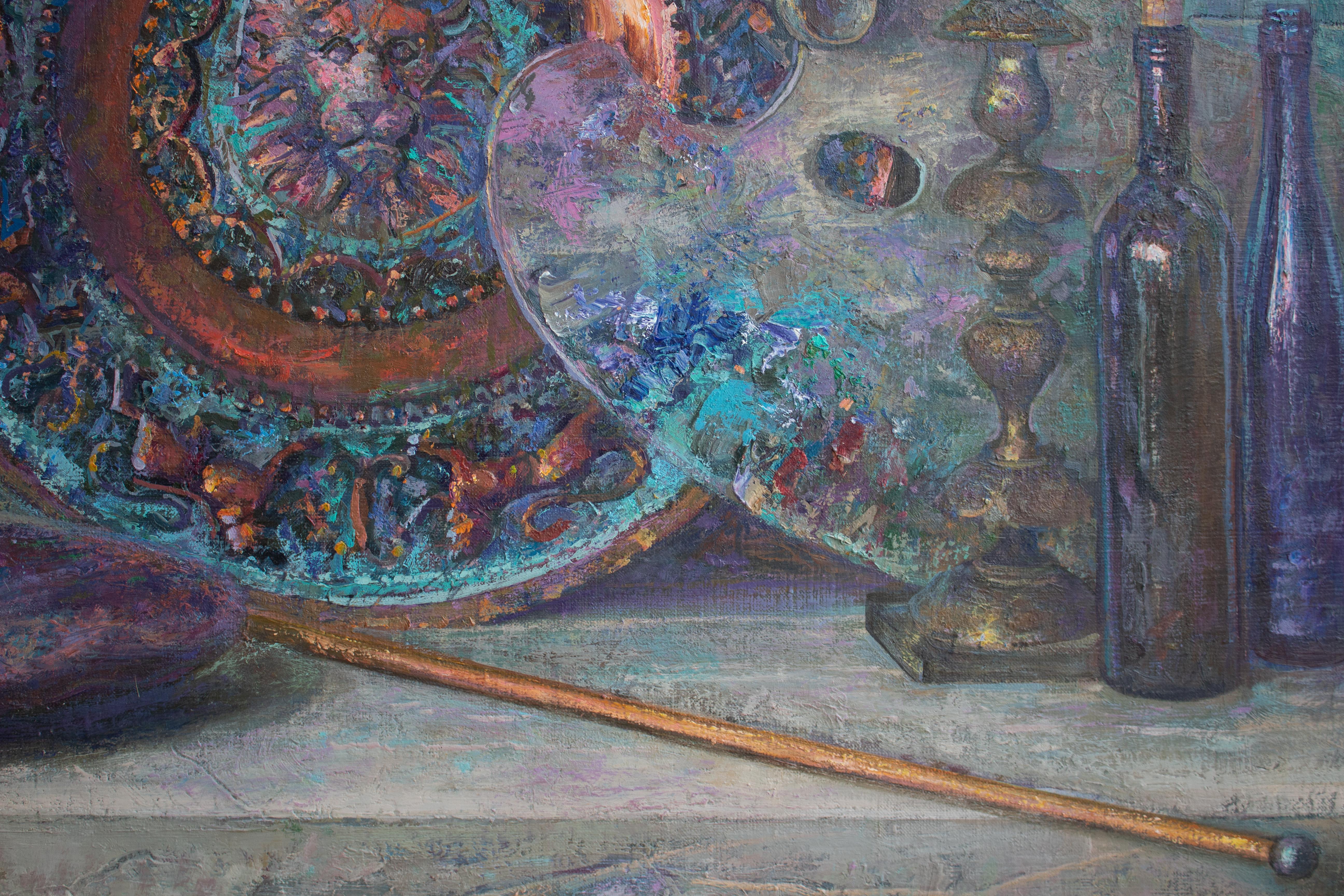 Sirah - Bodegón Pintura al Óleo Colores Burdeos Blanco Marrón Gris Morado Azul - Painting de Alexandr Reznichenko